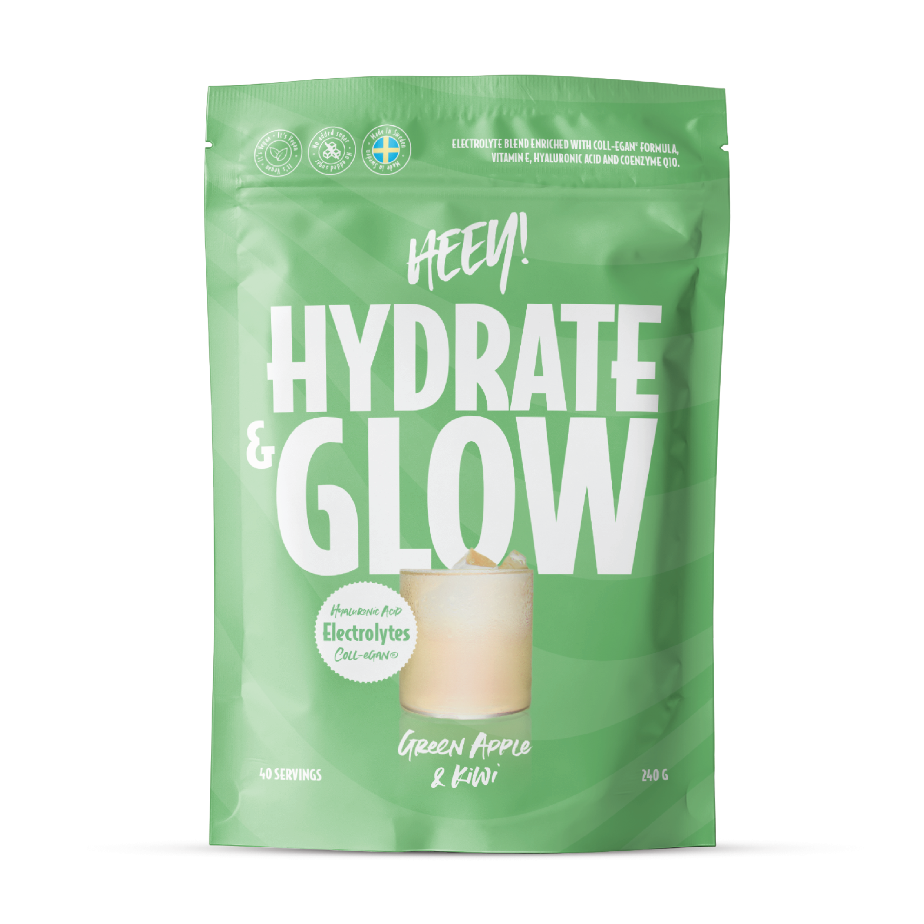 Heey! Hydrate & Glow Elektrolytter + Coll-egan®, Green Apple & Kiwi, 240 g