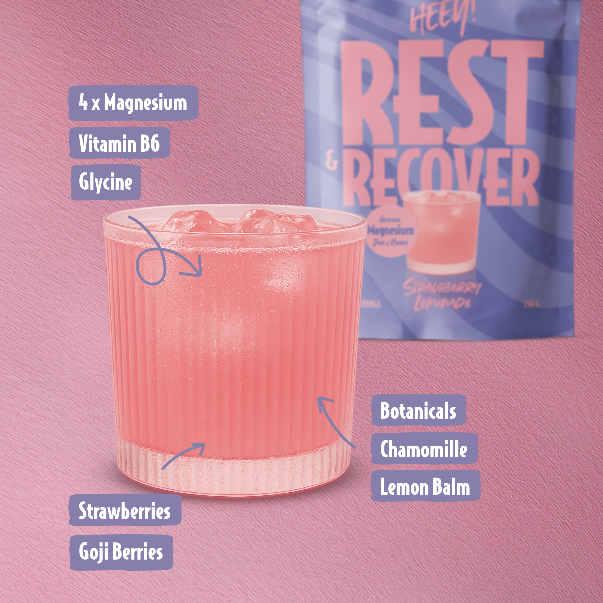 Heey! Rest & Recover Magnesium, Strawberry Lemonade, 210 g