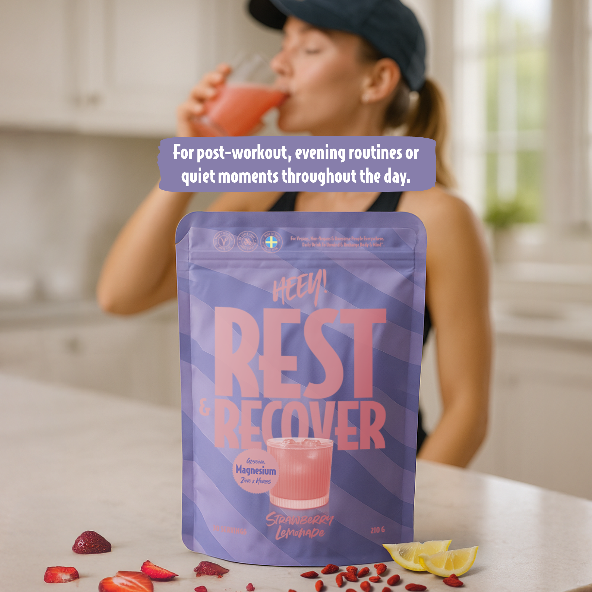 Heey! Rest & Recover Magnesium, Strawberry Lemonade, 210 g