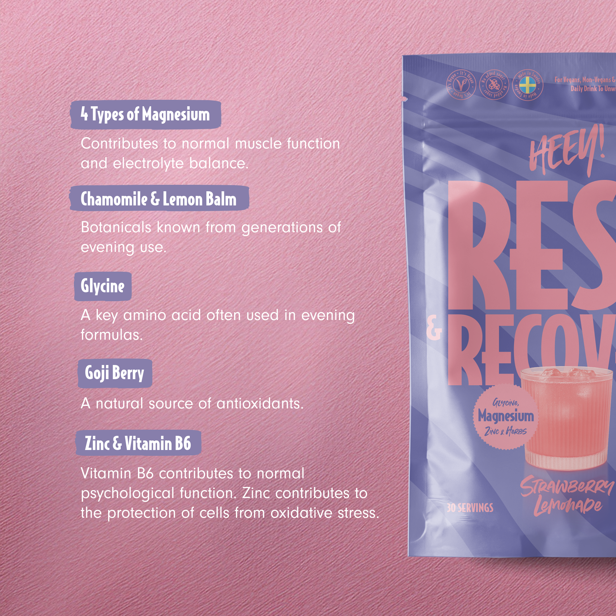 Heey! Rest & Recover Magnesium, Strawberry Lemonade, 210 g
