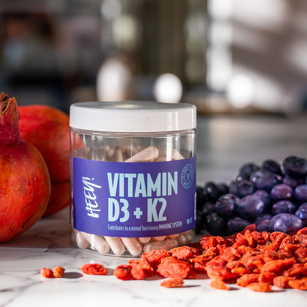 Heey! Vitamin D3/K2 + Superfruits kapsler, 90 stk.