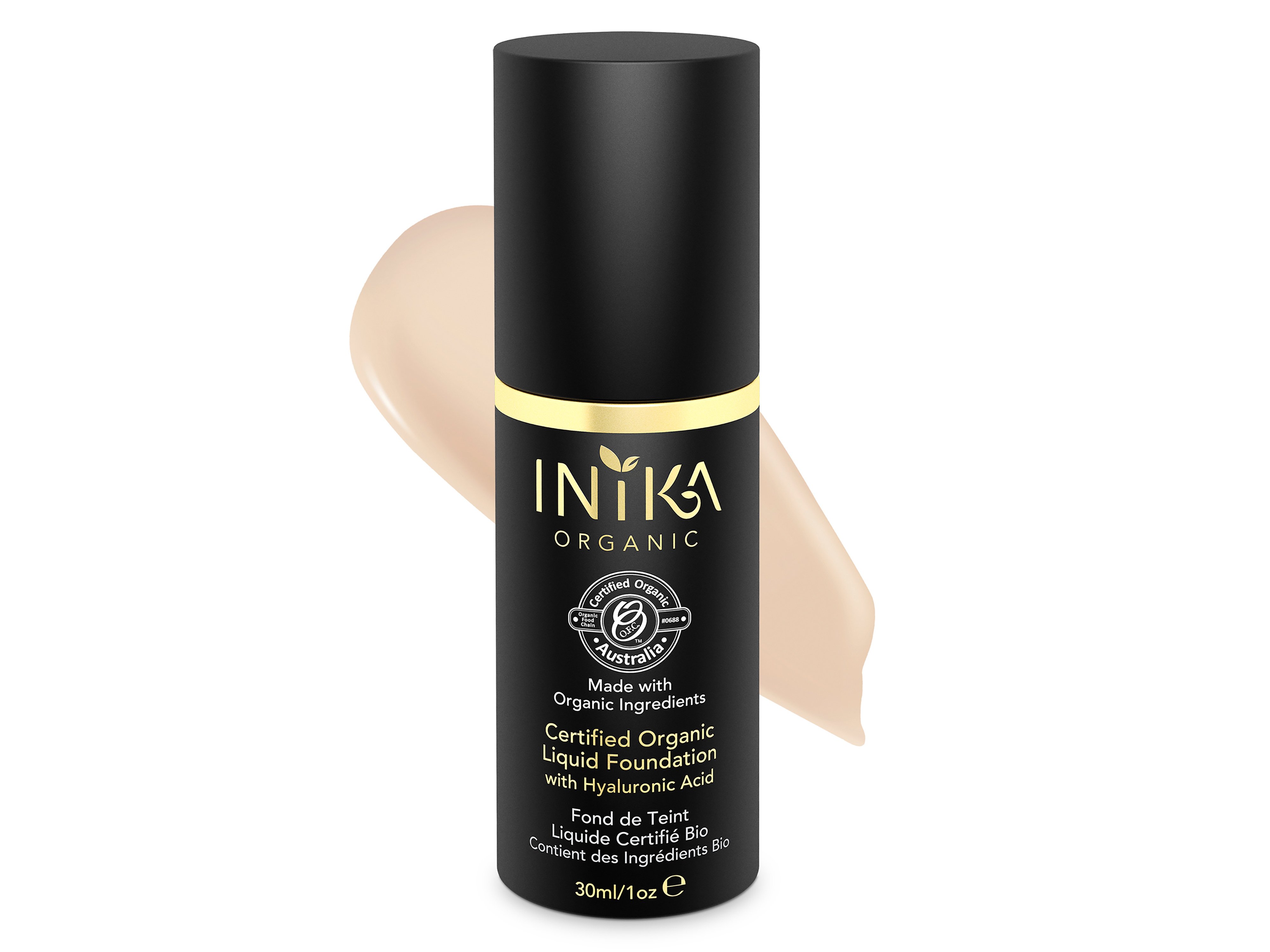 INIKA Organic Certified Liquid Foundation with Hyaluronic Acid, Porcelain, 30 ml