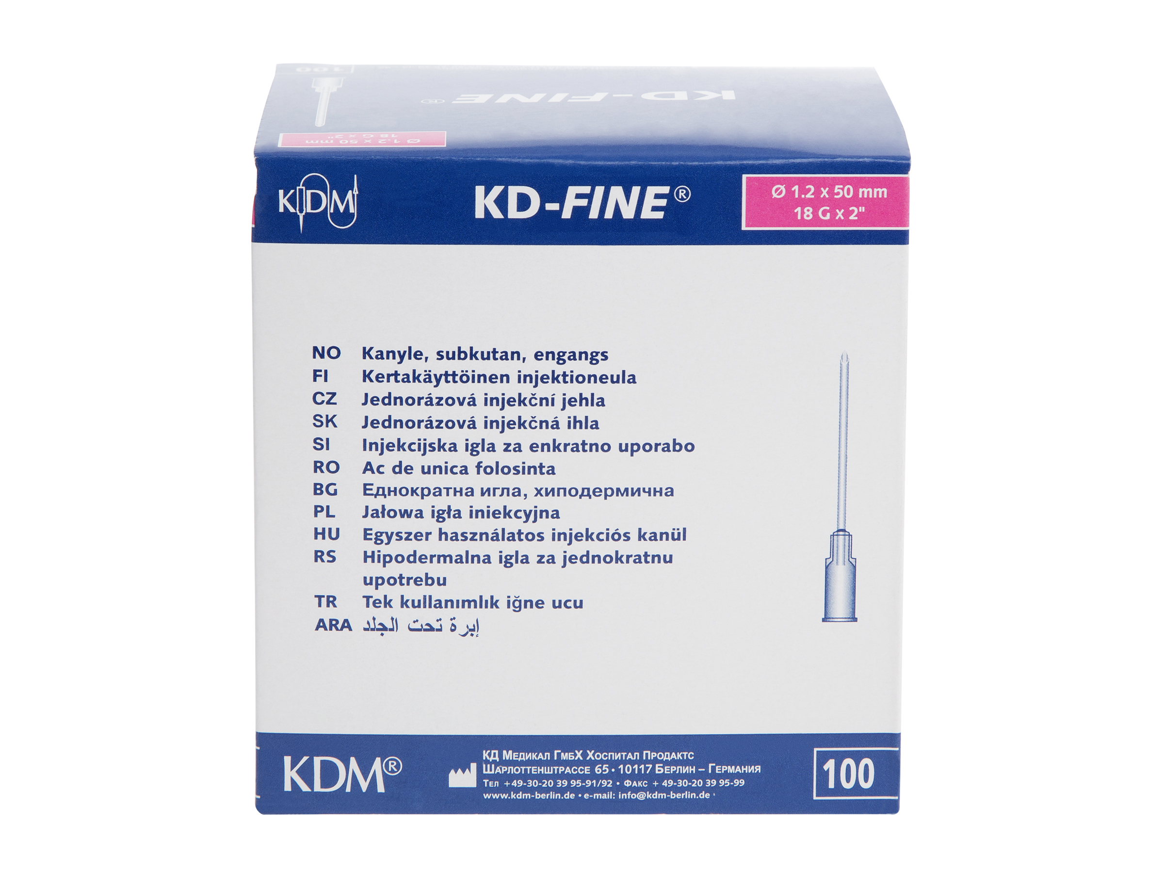 OneMed KDM KD-fine kanyler til injeksjon, 1,2x50mm, 18G X 2", rosa,100 stk.