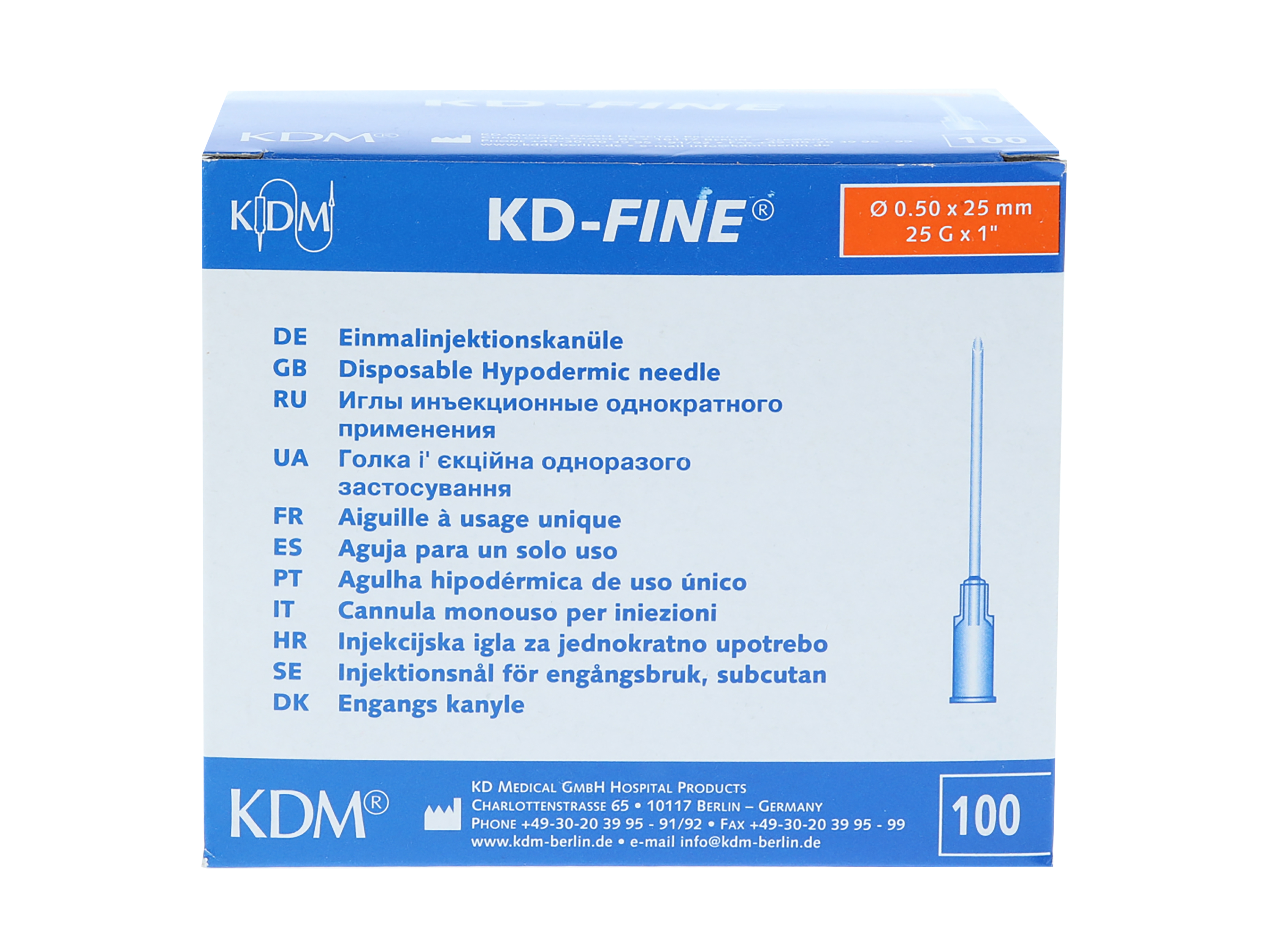 KDM KD-fine kanyler til injeksjon, 0,5x25mm, 25G X 1",orange 100 stk.