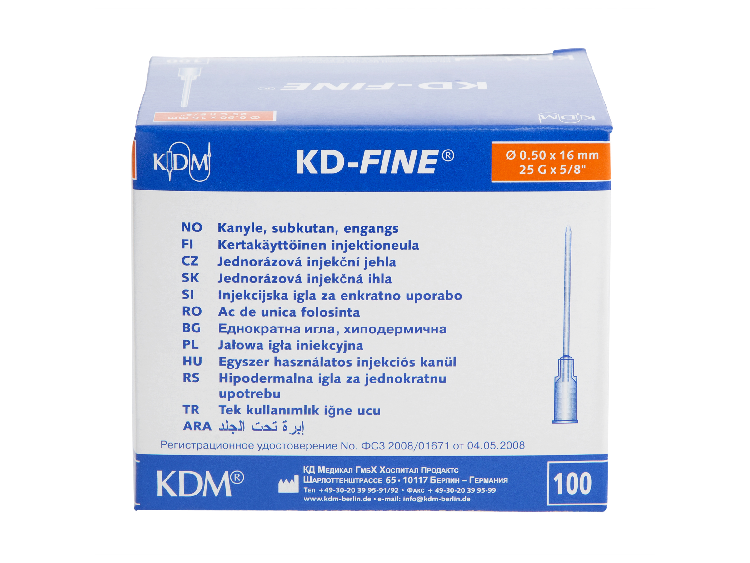 KDM KD-fine kanyler til injeksjon, 0,5x16mm, 25G X x 5/8", orange 100 stk.