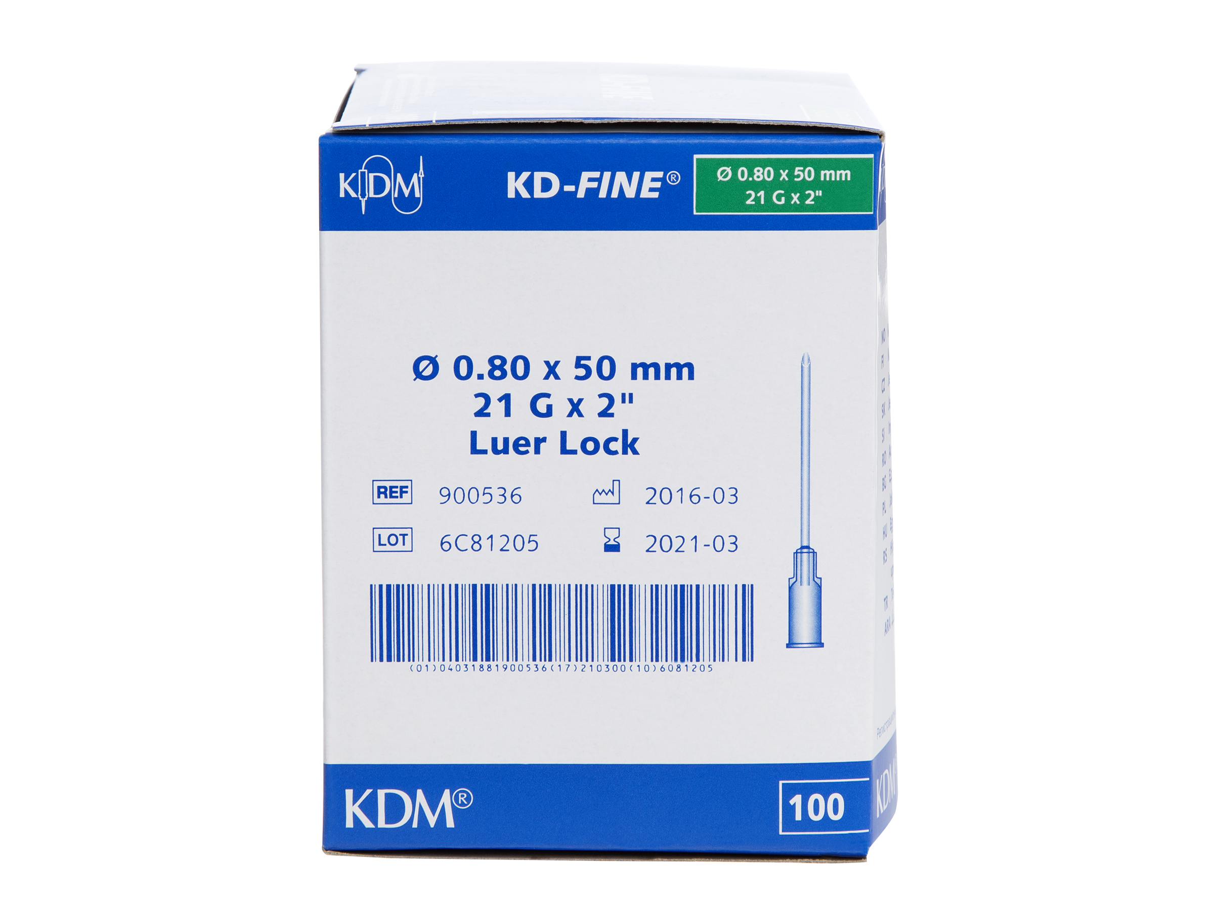 KDM KD-fine kanyler til injeksjon, 0,8x50mm, 21G X 2", grønn 100 stk.