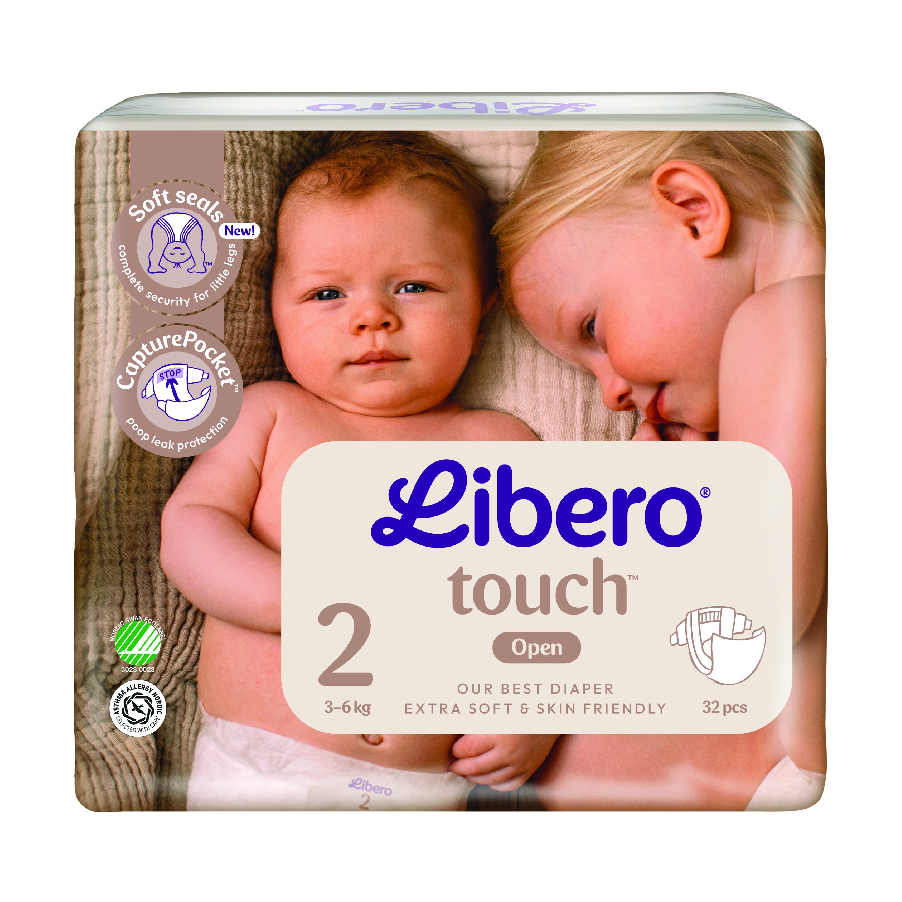 Libero Touch 2 Åpne Bleier, 3-6 kg, 32 stk.