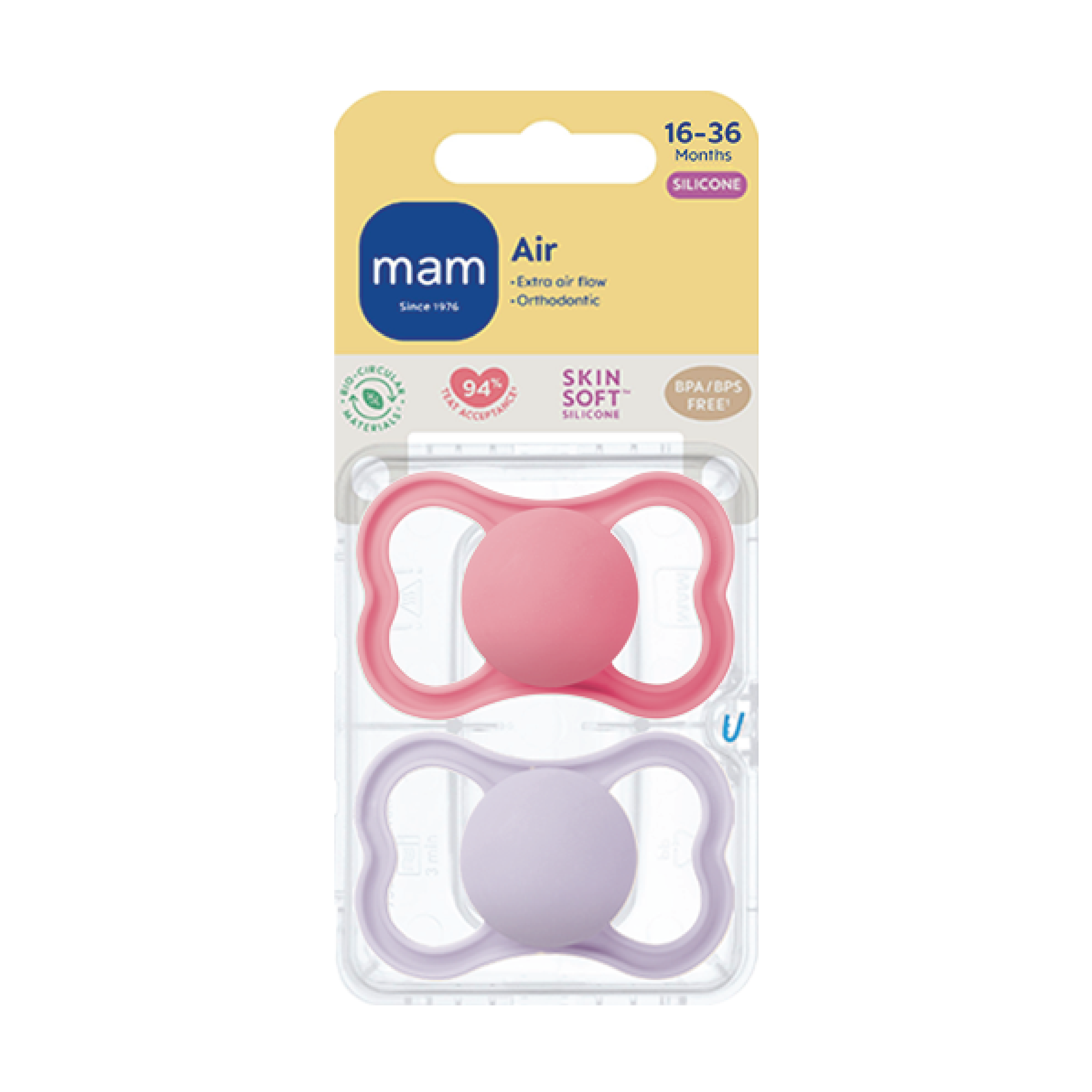 MAM Air Silicone Smokk, 16-36 mnd, rosa/lilla, 2 stk.