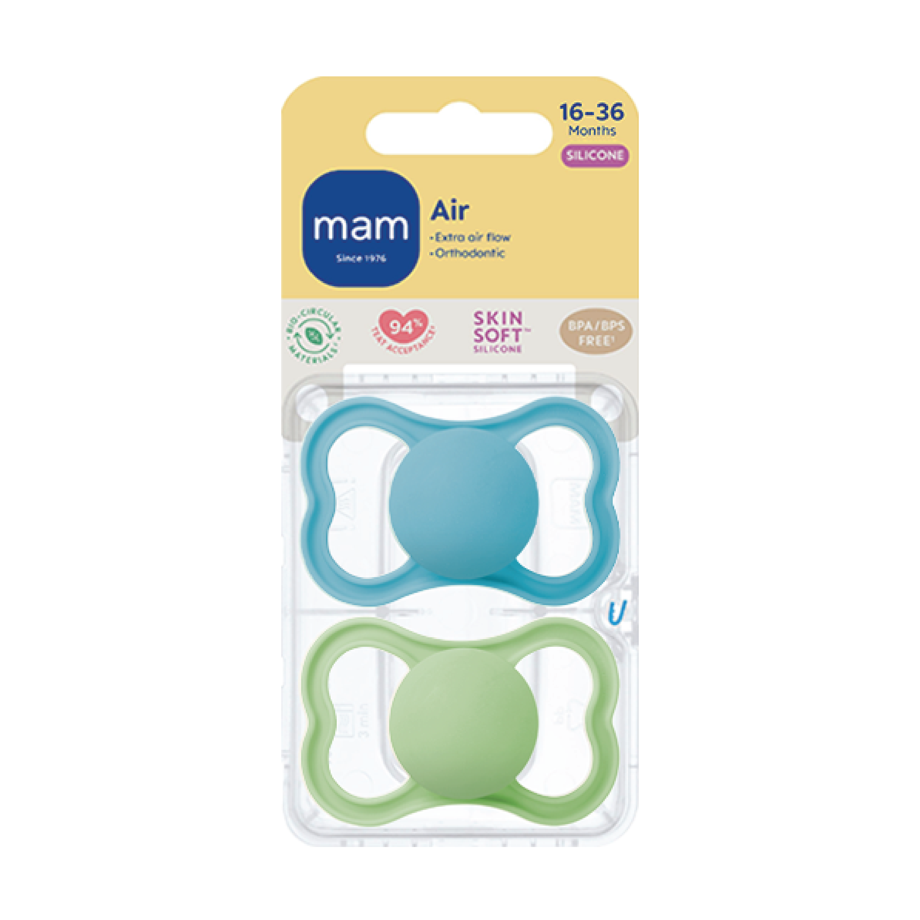MAM Air Silicone Smokk, 16-36 mnd, blå/grønn, 2 stk.