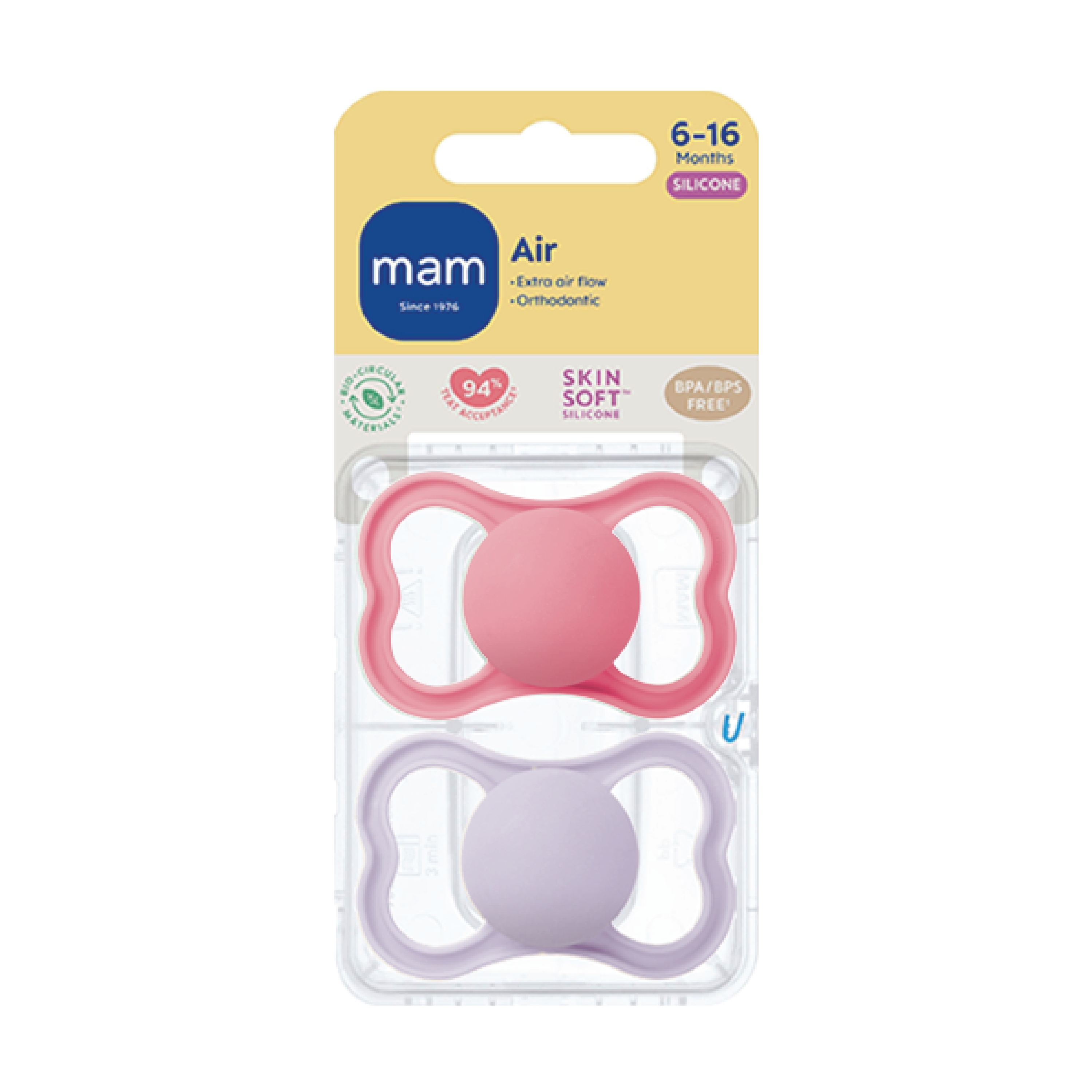 MAM Air Silicone Smokk, 6-16 mnd, rosa/lilla, 2 stk.