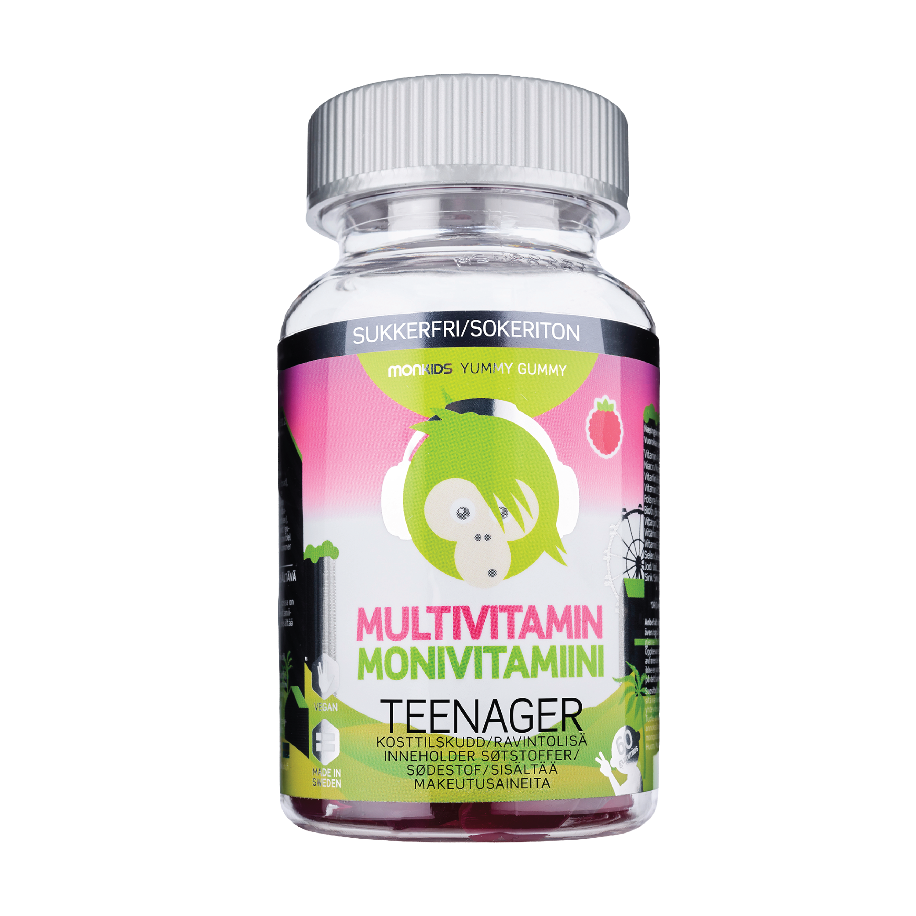 Monkids Multivitamin Sukkerfri Teenager, Bringebær, 60 stk.