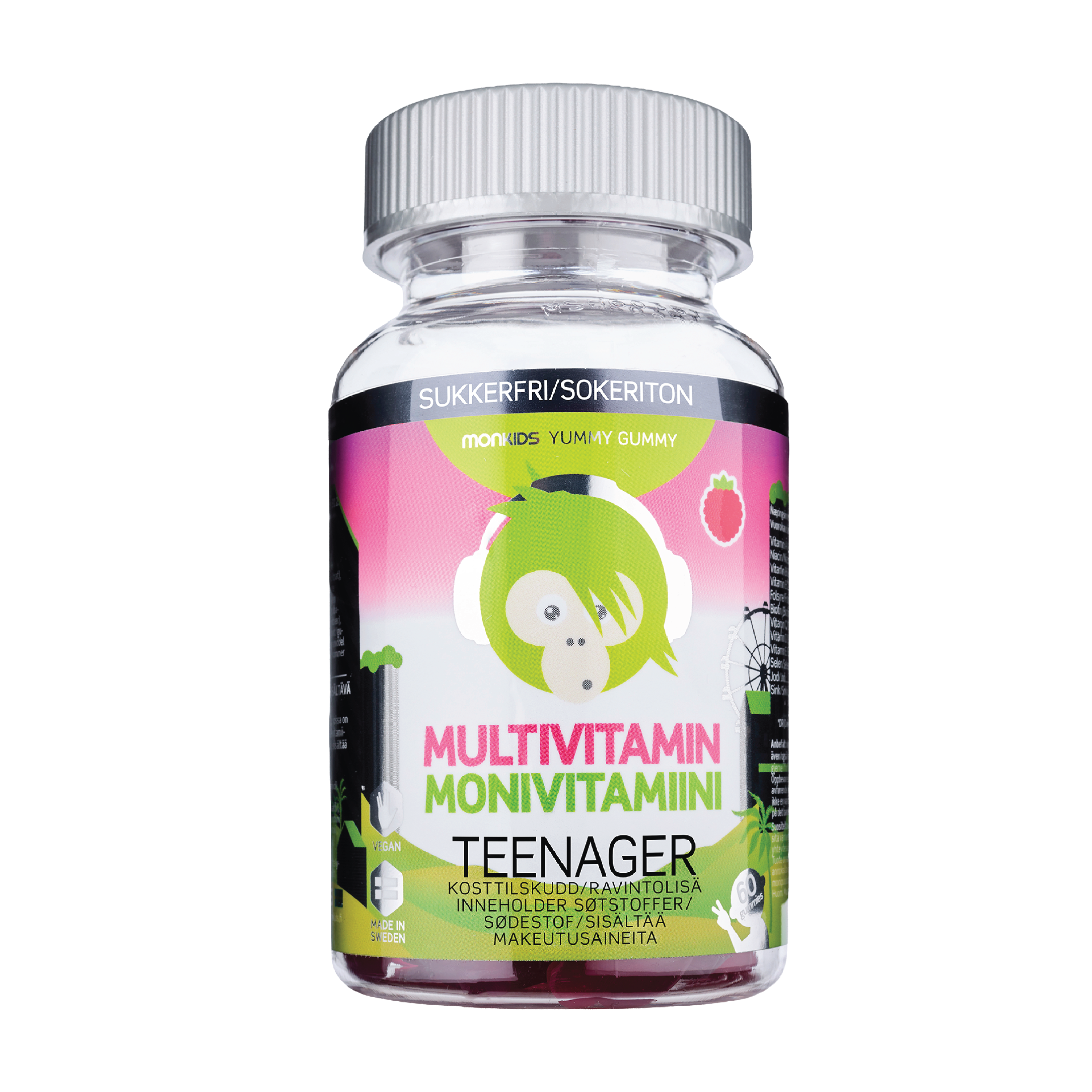 Monkids Multivitamin Sukkerfri Teenager, Bringebær, 60 stk.