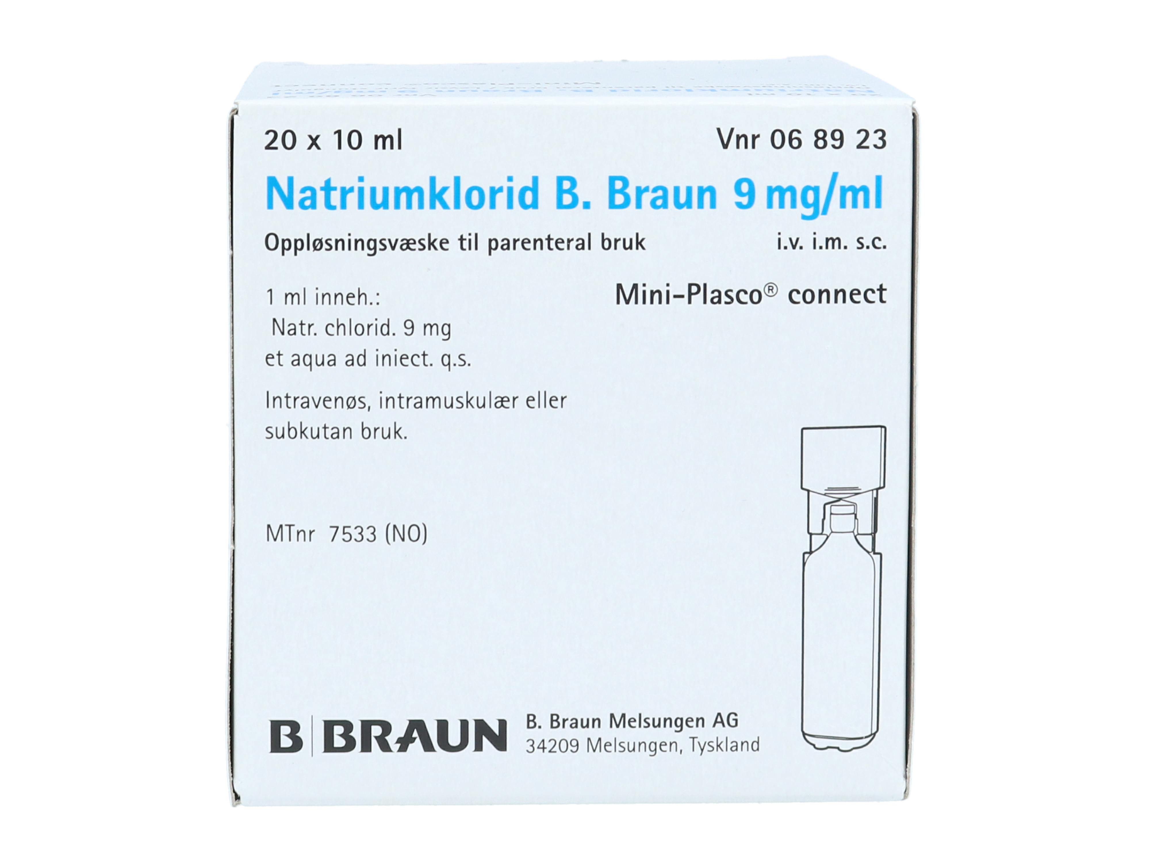 B. Braun Natriumklorid 9 mg/ml inj, 20 x 10 ml.