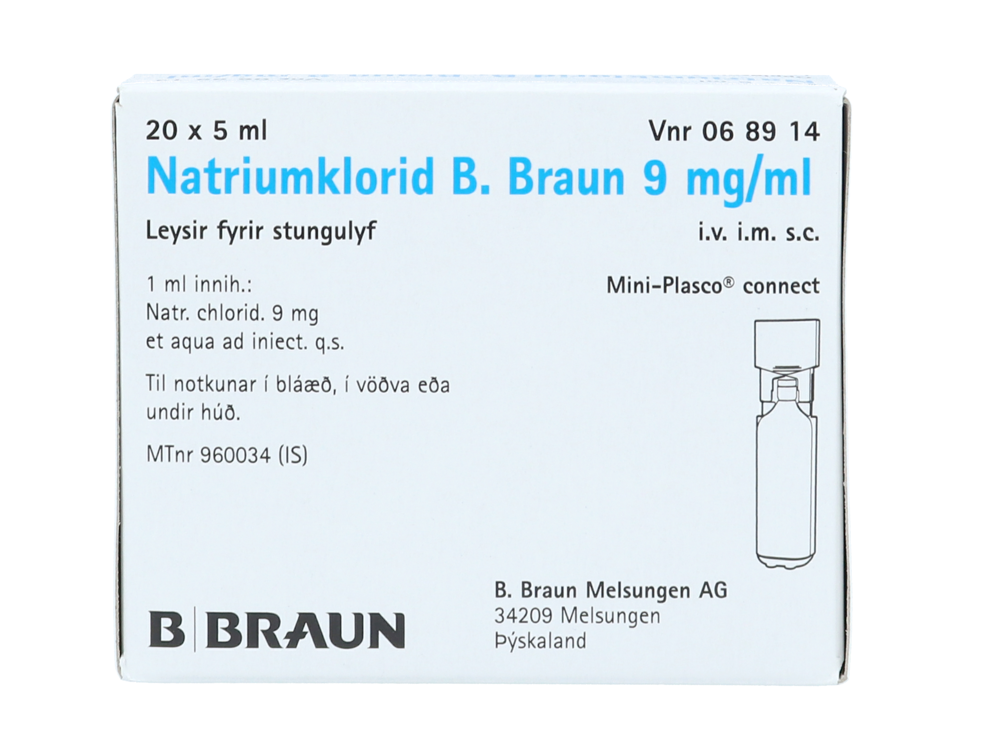 B. Braun Natriumklorid 9 mg/ml inj, 20 x 5 ml.