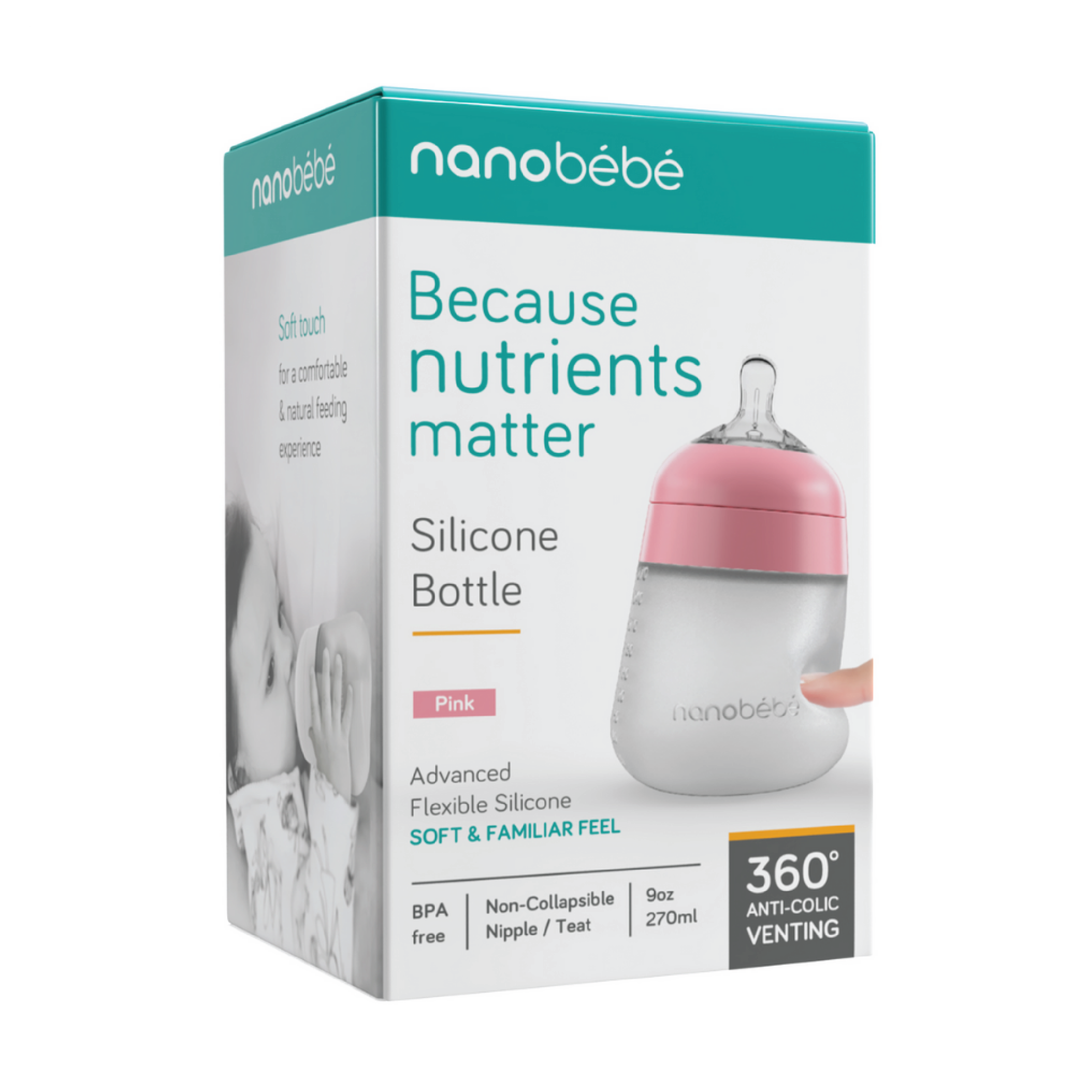 Nanobébé Flexy Silicone Bottle, Rosa, 270 ml