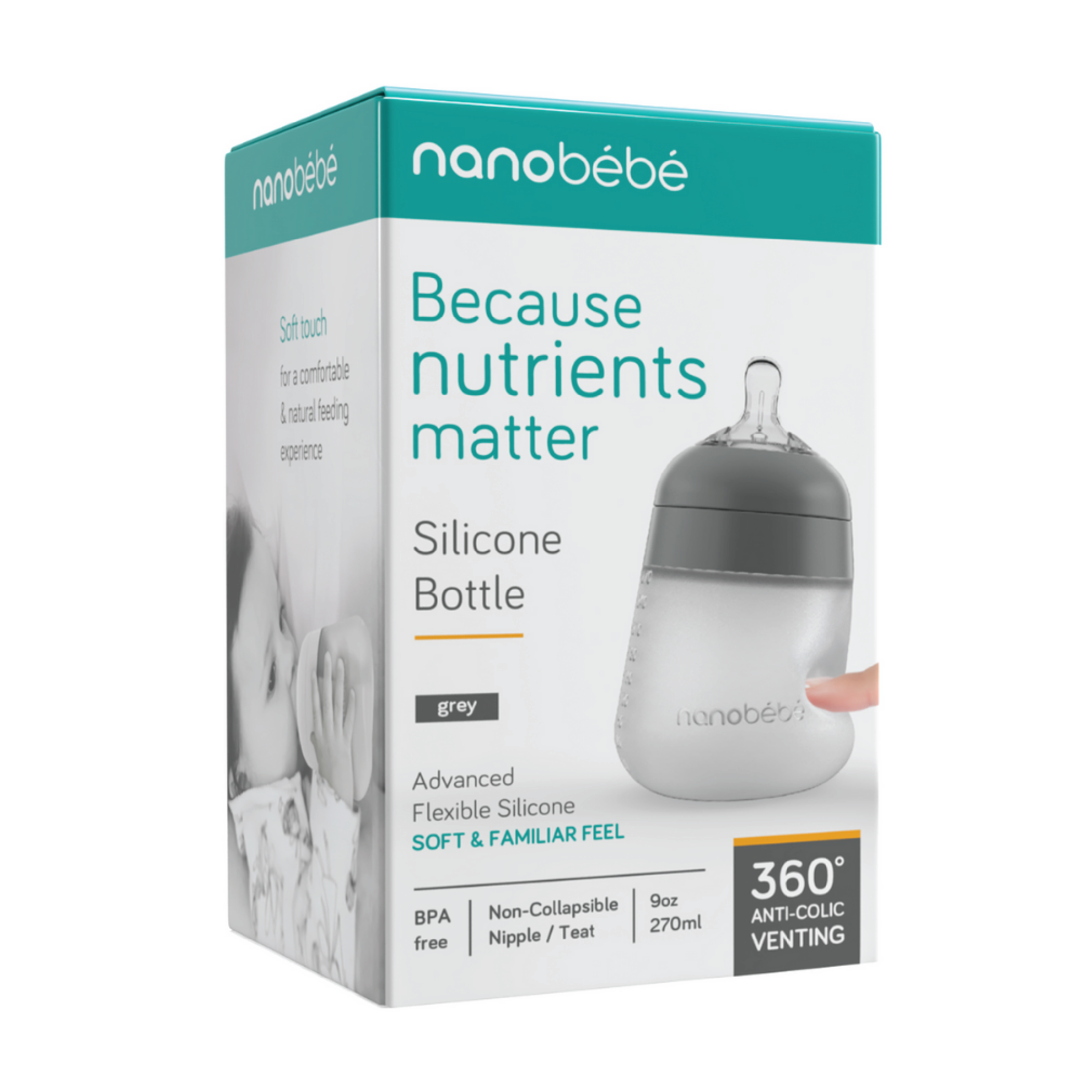 Nanobébé Flexy Silicone Bottle, Grå, 270 ml