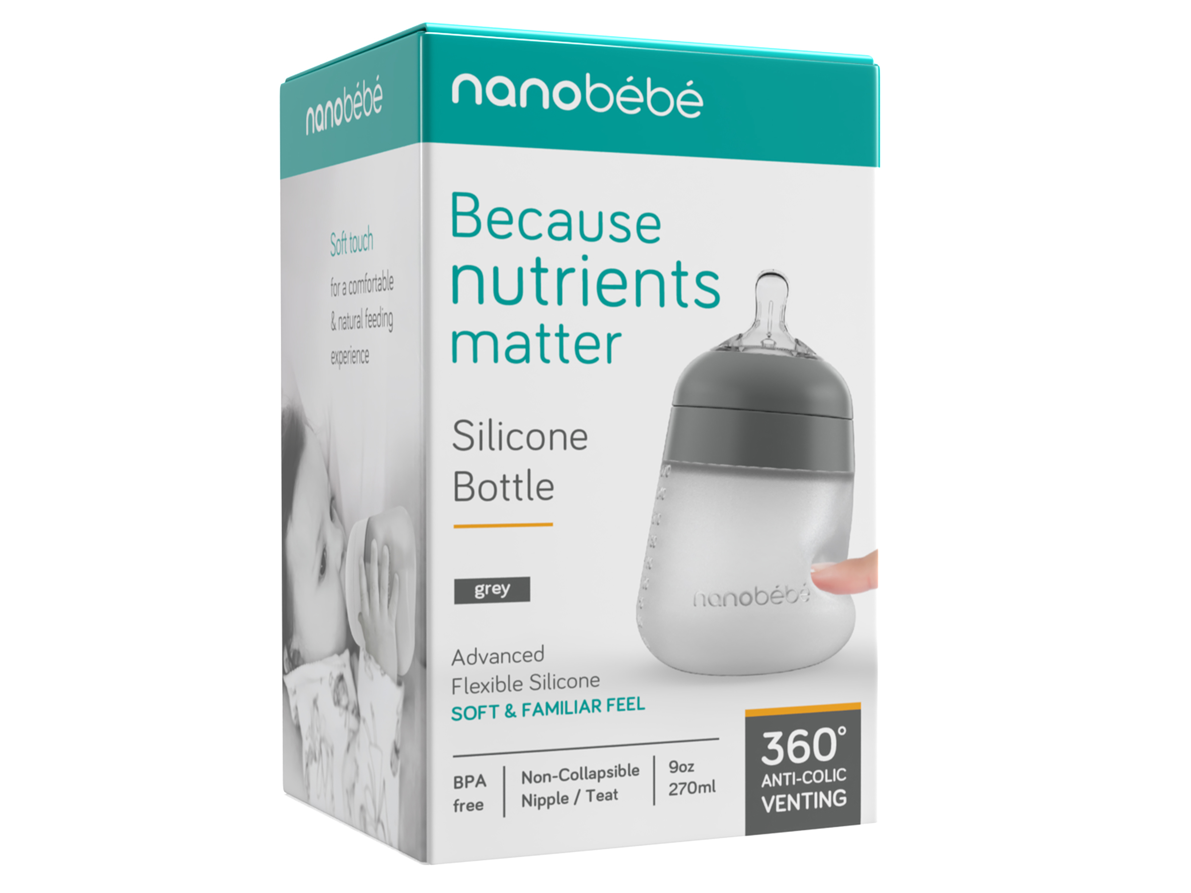 Nanobébé Tåteflaske Silikon, Grå, 270 ml, 1 stk.