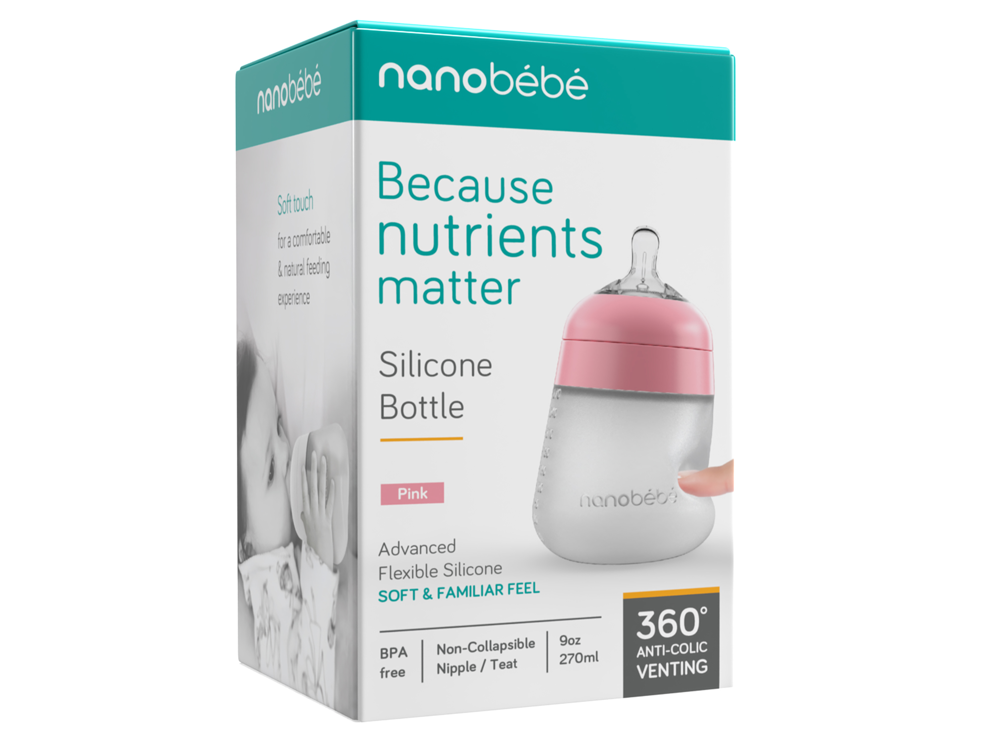 Nanobébé Tåteflaske Silikon, Rosa, 270 ml, 1 stk.