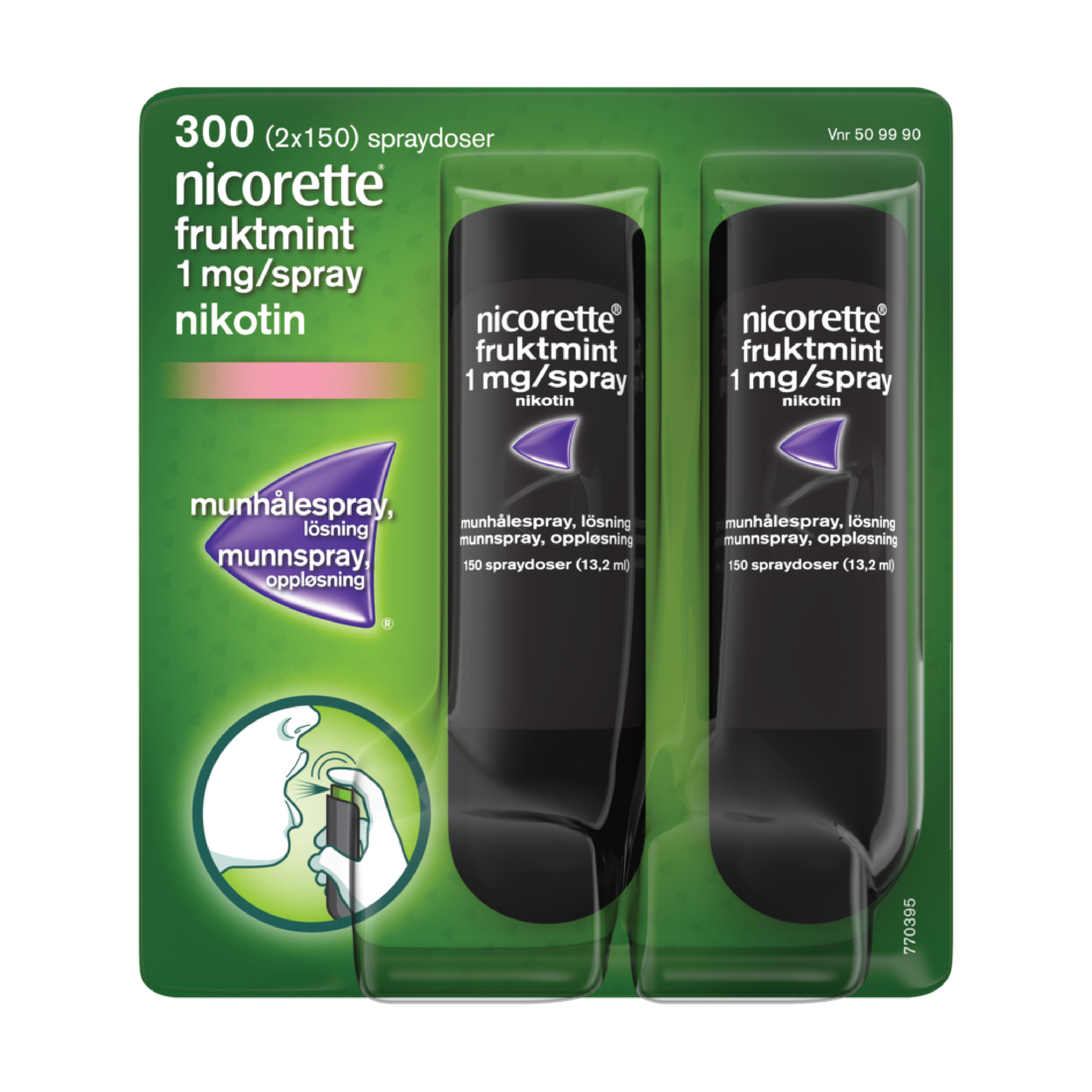 Nicorette 1 mg/dose munnspray, Fruktmint, 2x150 stk.