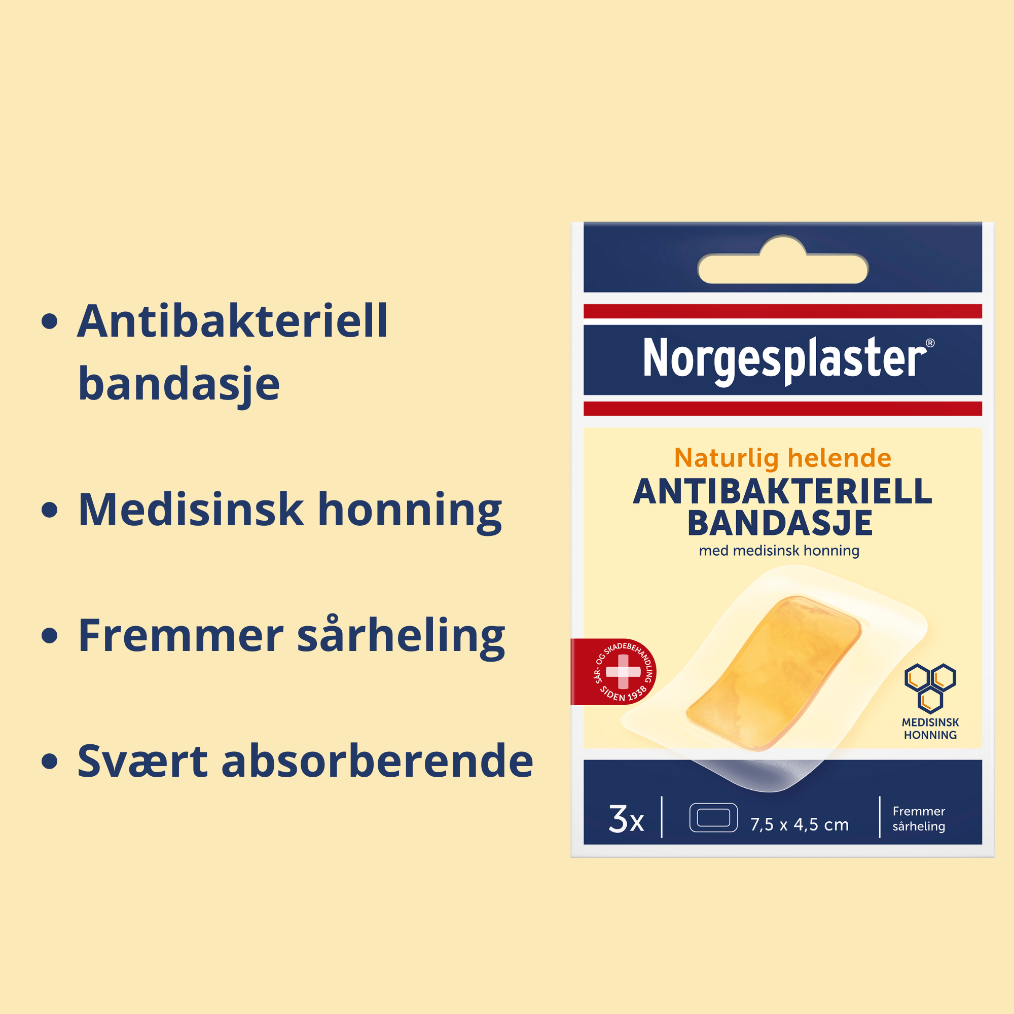 Norgesplaster Antibakteriell Bandasje, 7.5 cm x 4.5 cm, 3 stk.