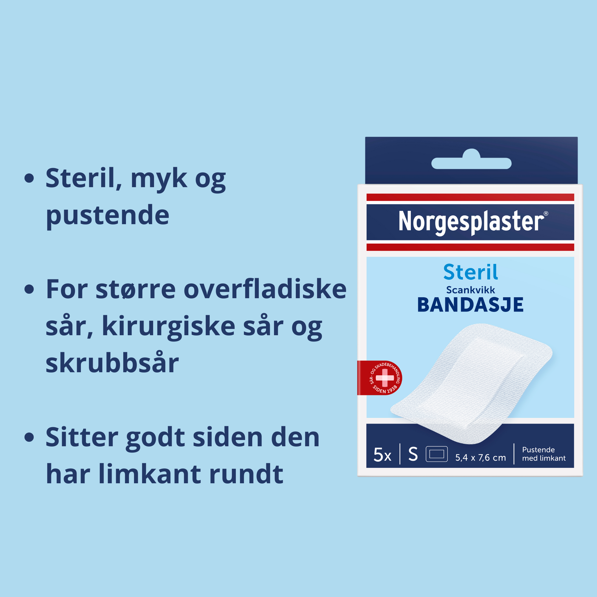 Norgesplaster Scankvikk bandasje, 5.4 cm x 7.6 cm, hvit, 5 stk.