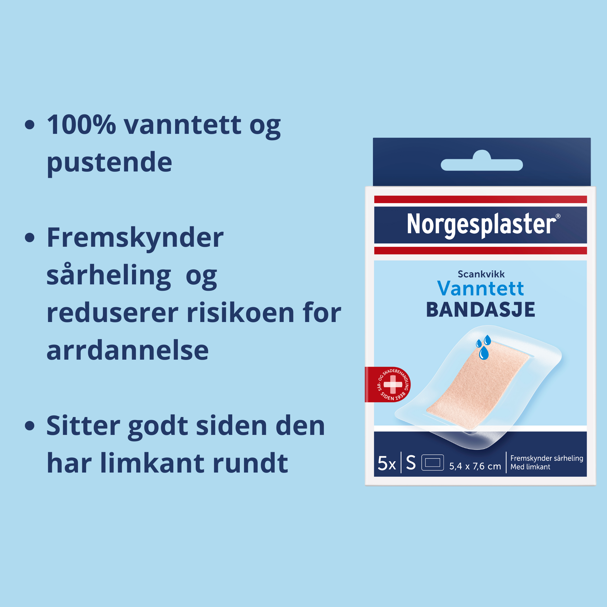 Norgesplaster Scankvikk vanntett bandasje, 5.4 cm x 7.6 cm, 5 stk.