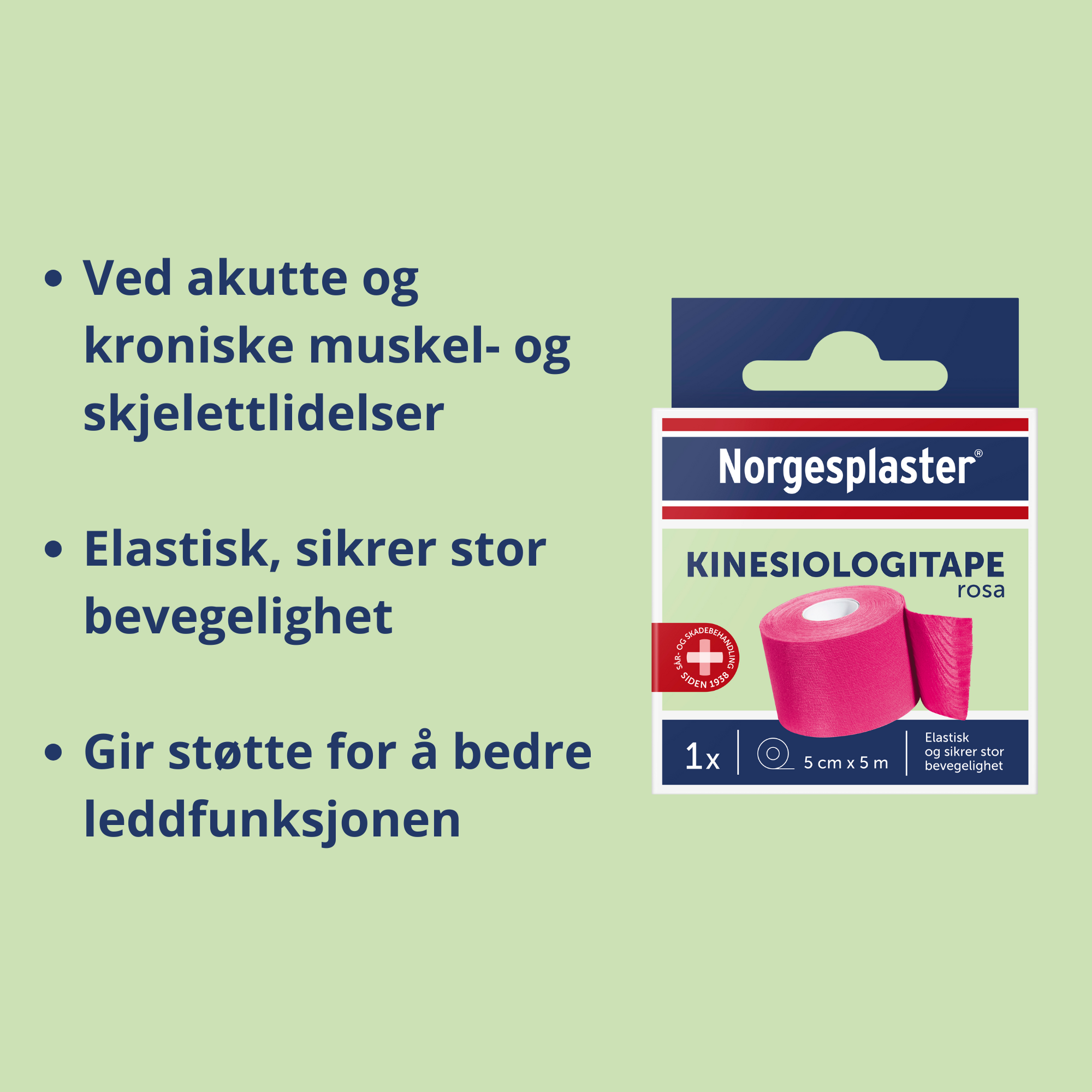 Norgesplaster Kinesiologitape, 5 cm x 5 m, rosa, 1 stk.