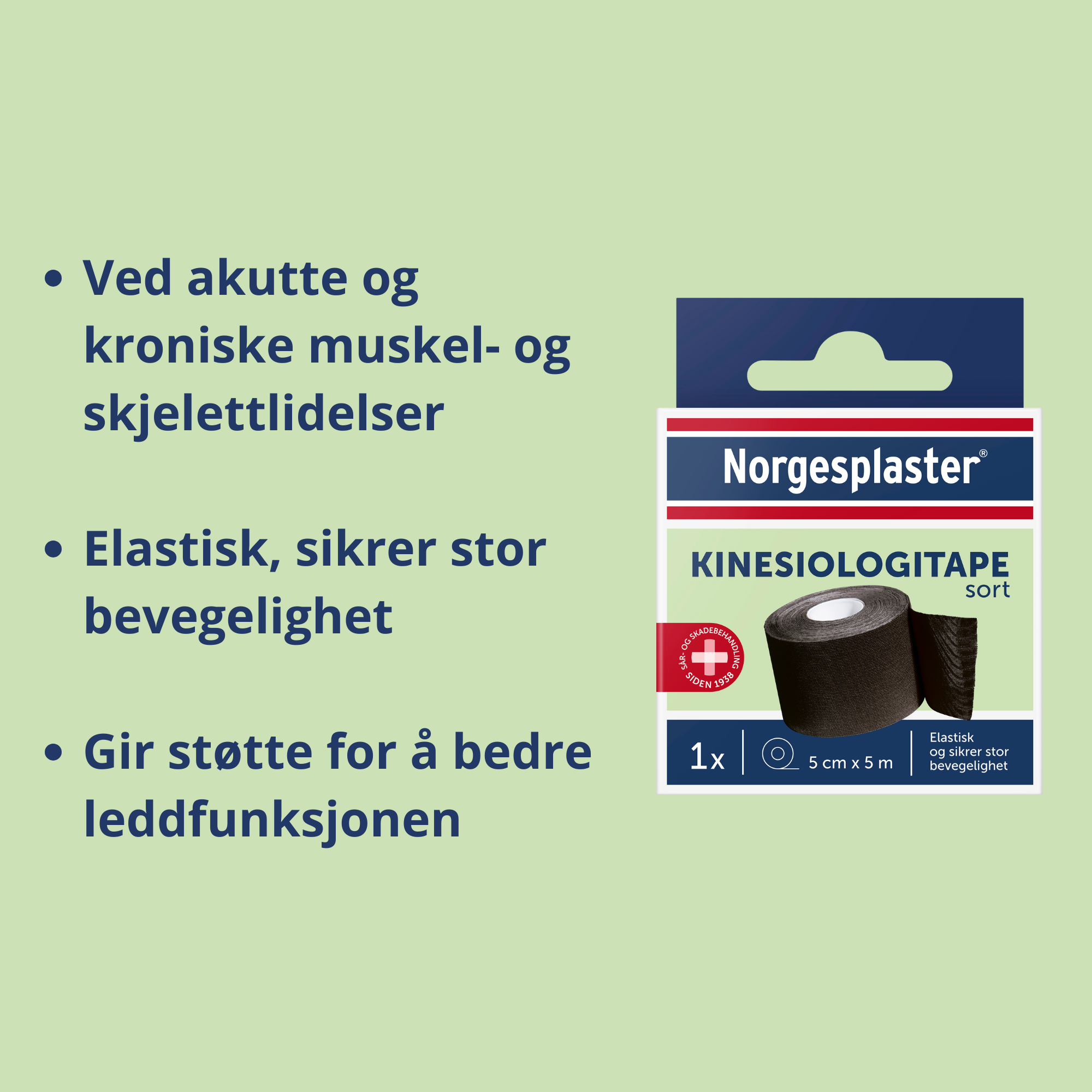 Norgesplaster Kinesiologitape, 5 cm x 5 m, svart, 1 stk.