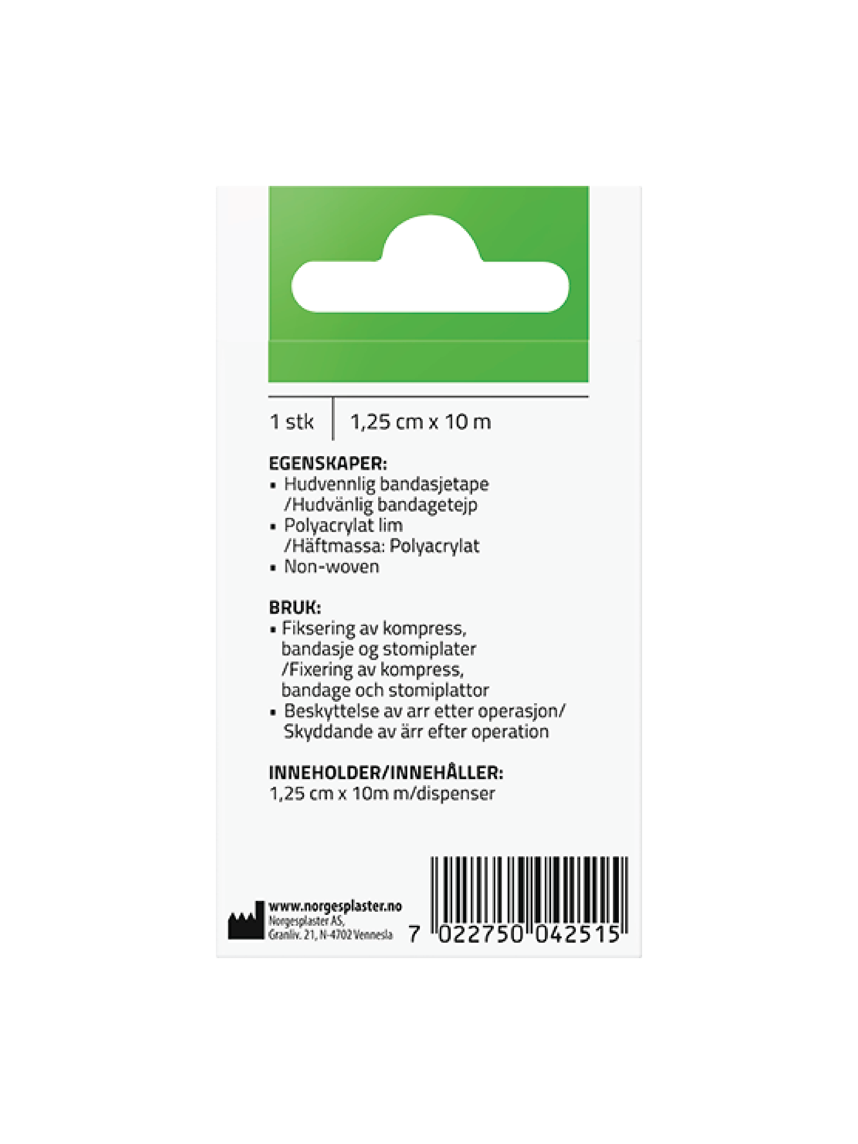 Norgesplaster Scanpor tape hvit med dispenser, 1.25 cm x 10 m, 1 stk.