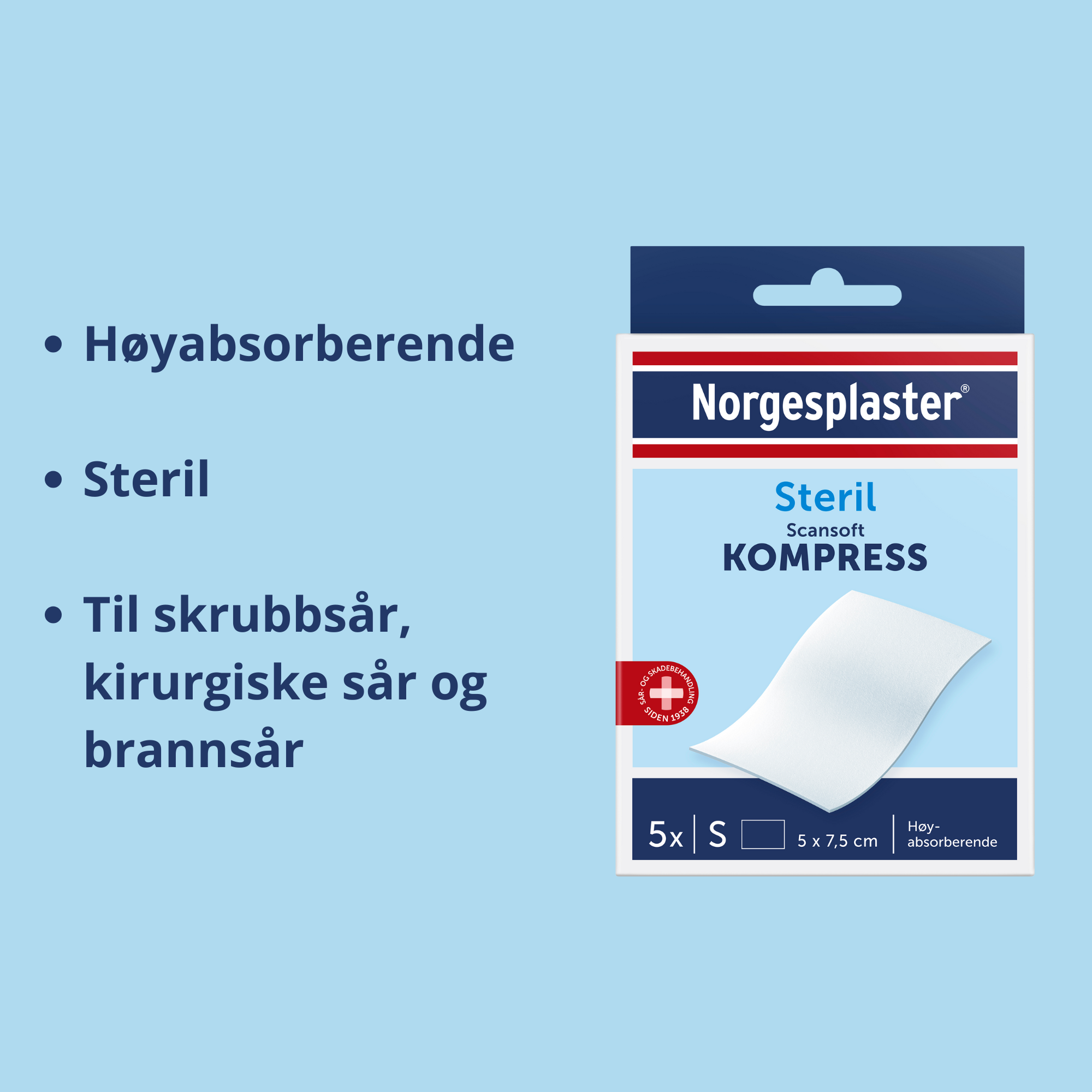 Norgesplaster Scansoft kompress, 5 cm x 7.5 cm, 5 stk.