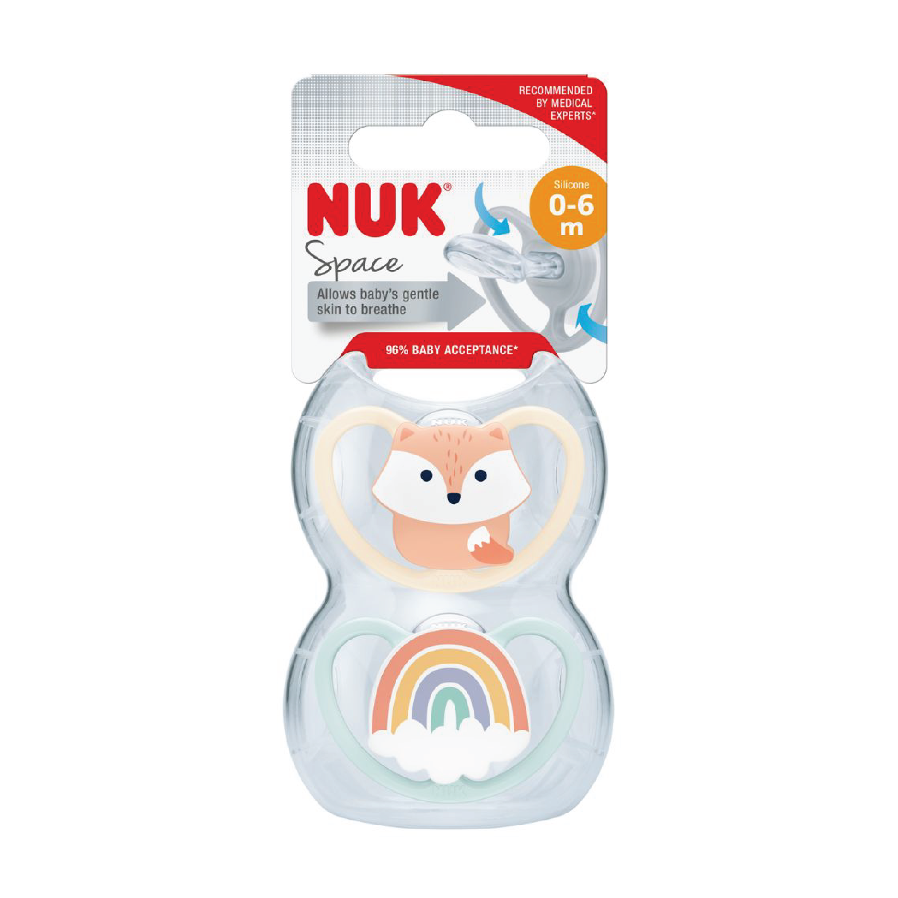 NUK Space Silikon Smokk S1 Fox, 0-6 mnd, 2 stk.