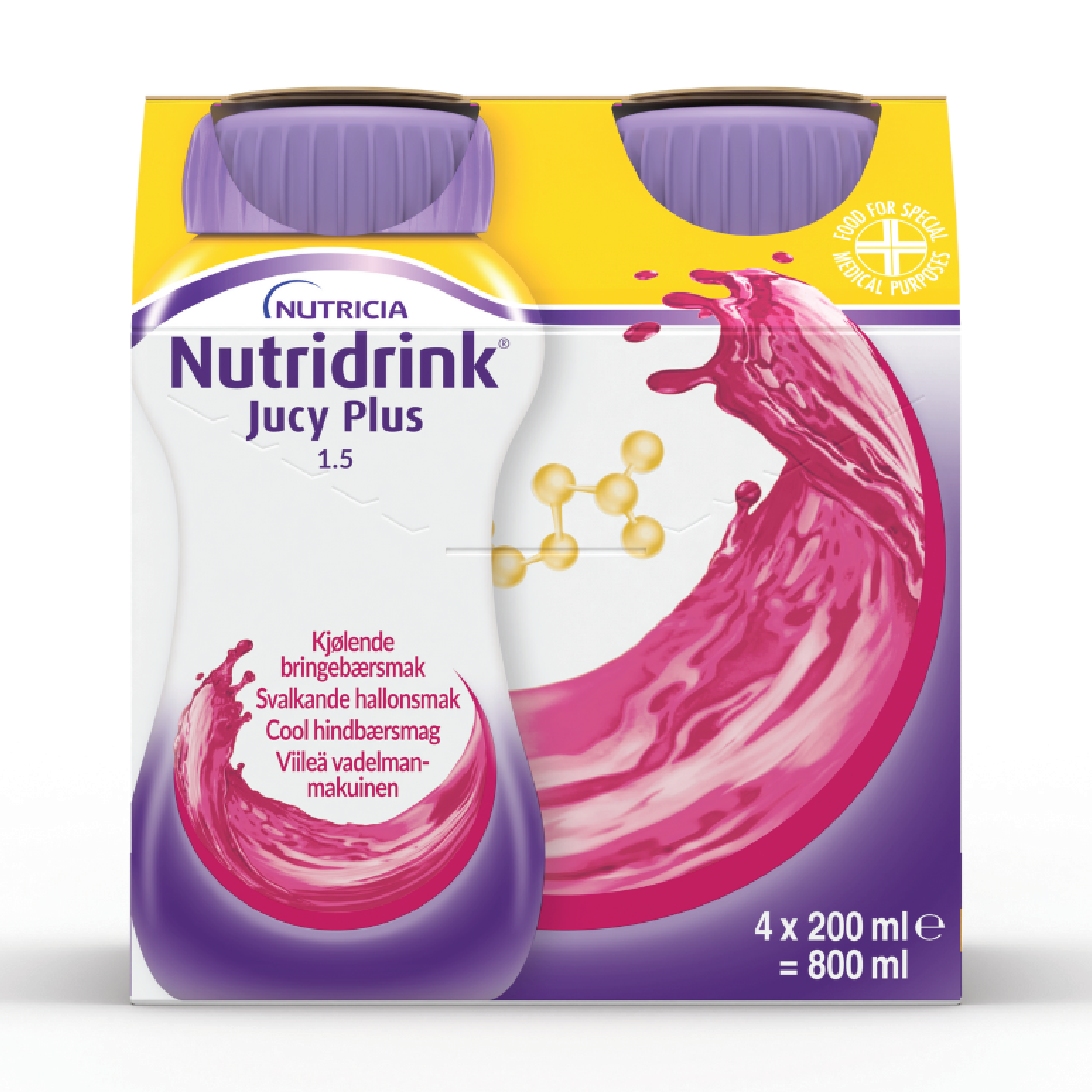 Nutridrink Jucy Plus Næringsdrikk, Kjølende bringebær, 4x200 ml