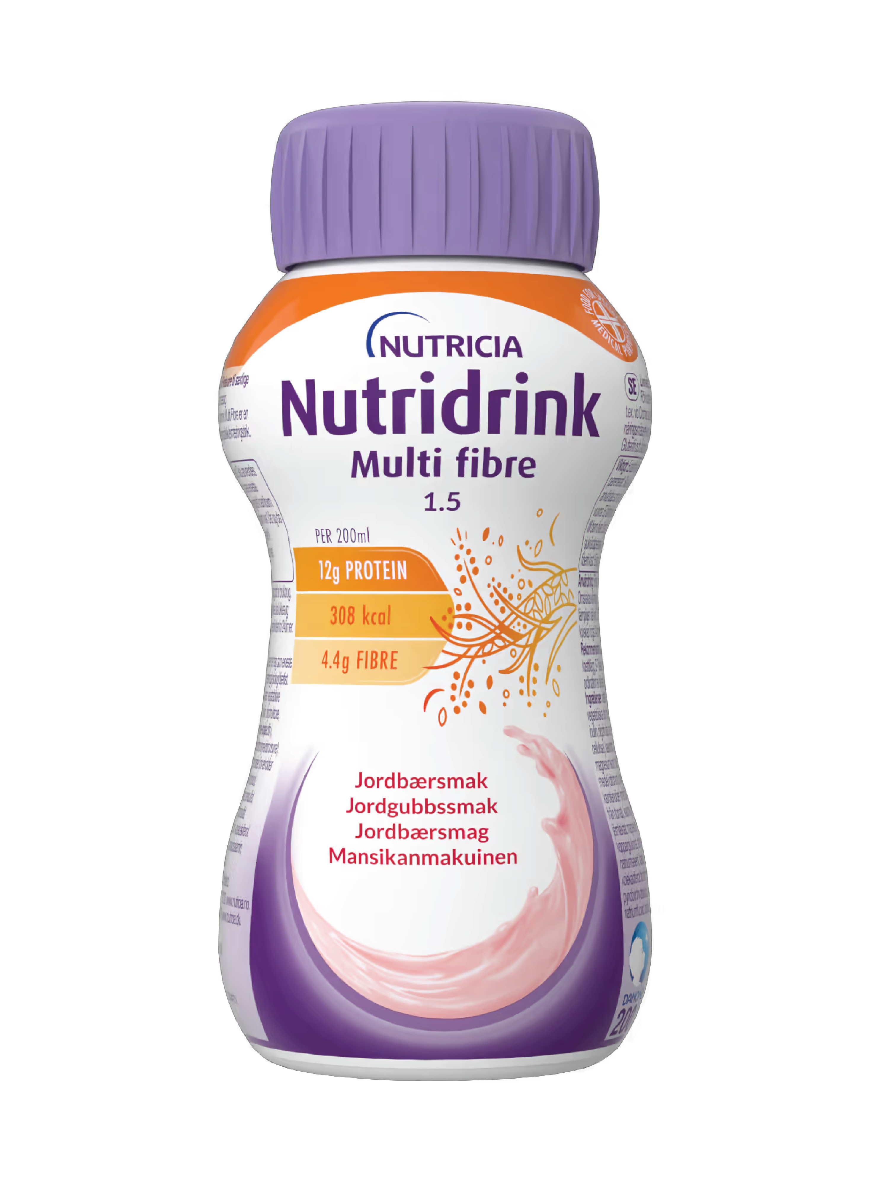 Nutridrink Multi Fibre Næringsdrikk, Jordbær, 4x200 ml