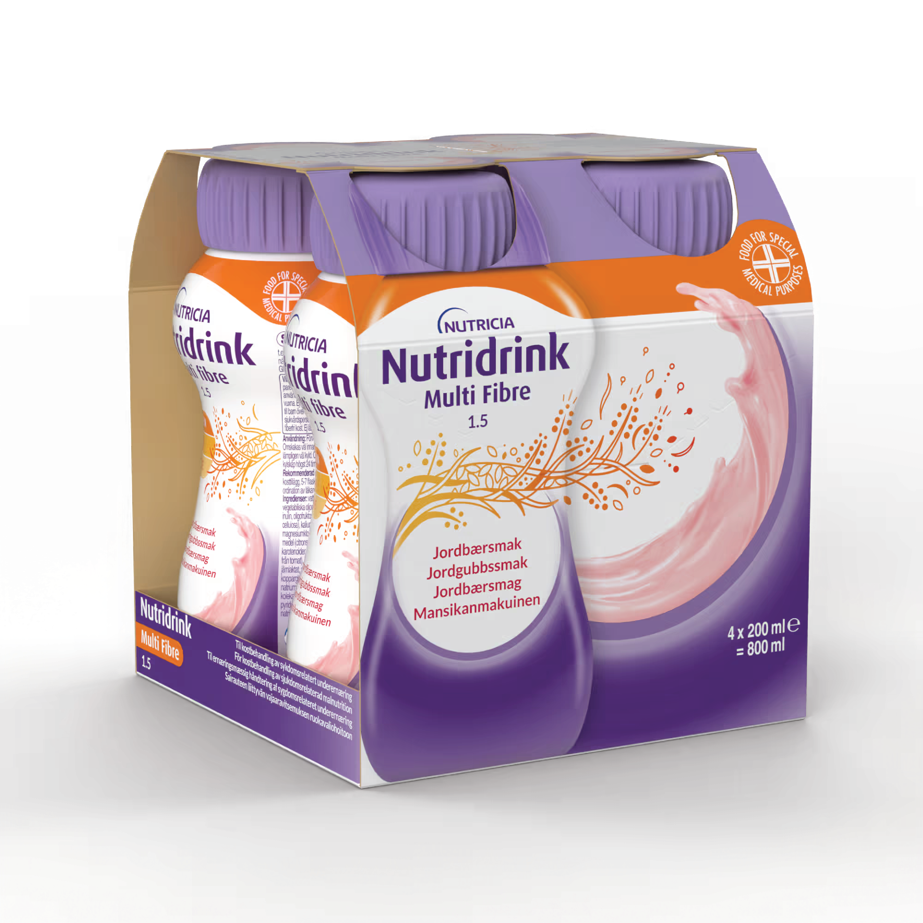 Nutridrink Multi Fibre Næringsdrikk, Jordbær, 4x200 ml