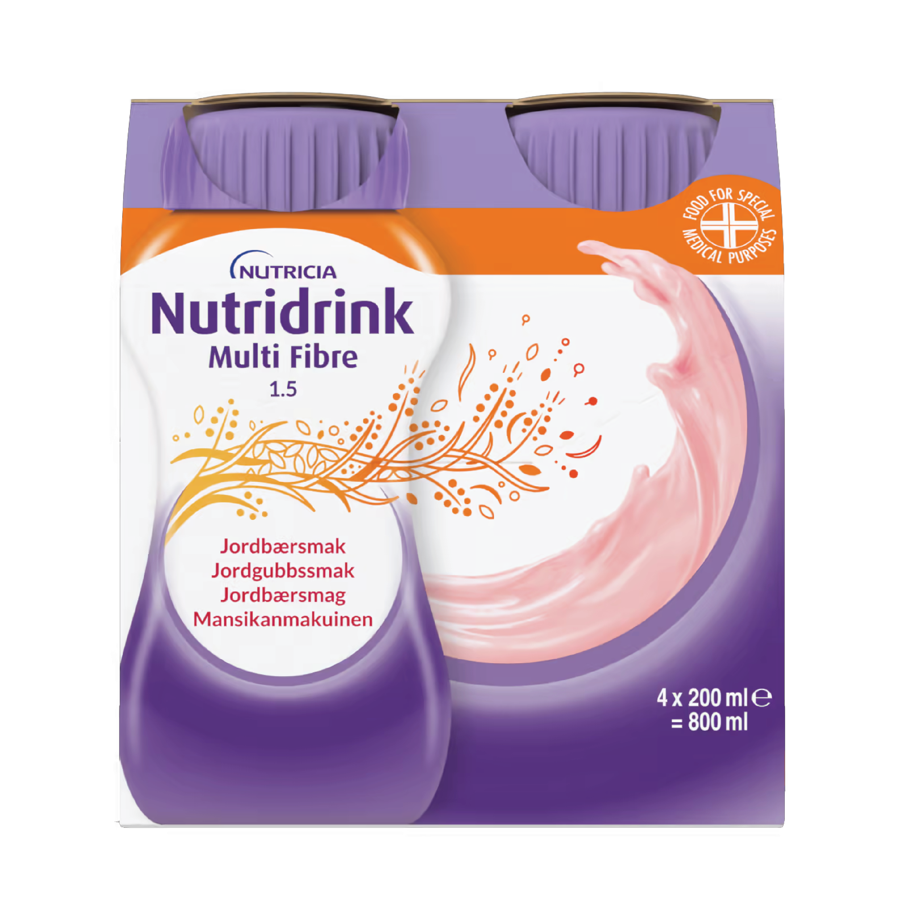 Nutridrink Multi Fibre Næringsdrikk, Jordbær, 4x200 ml