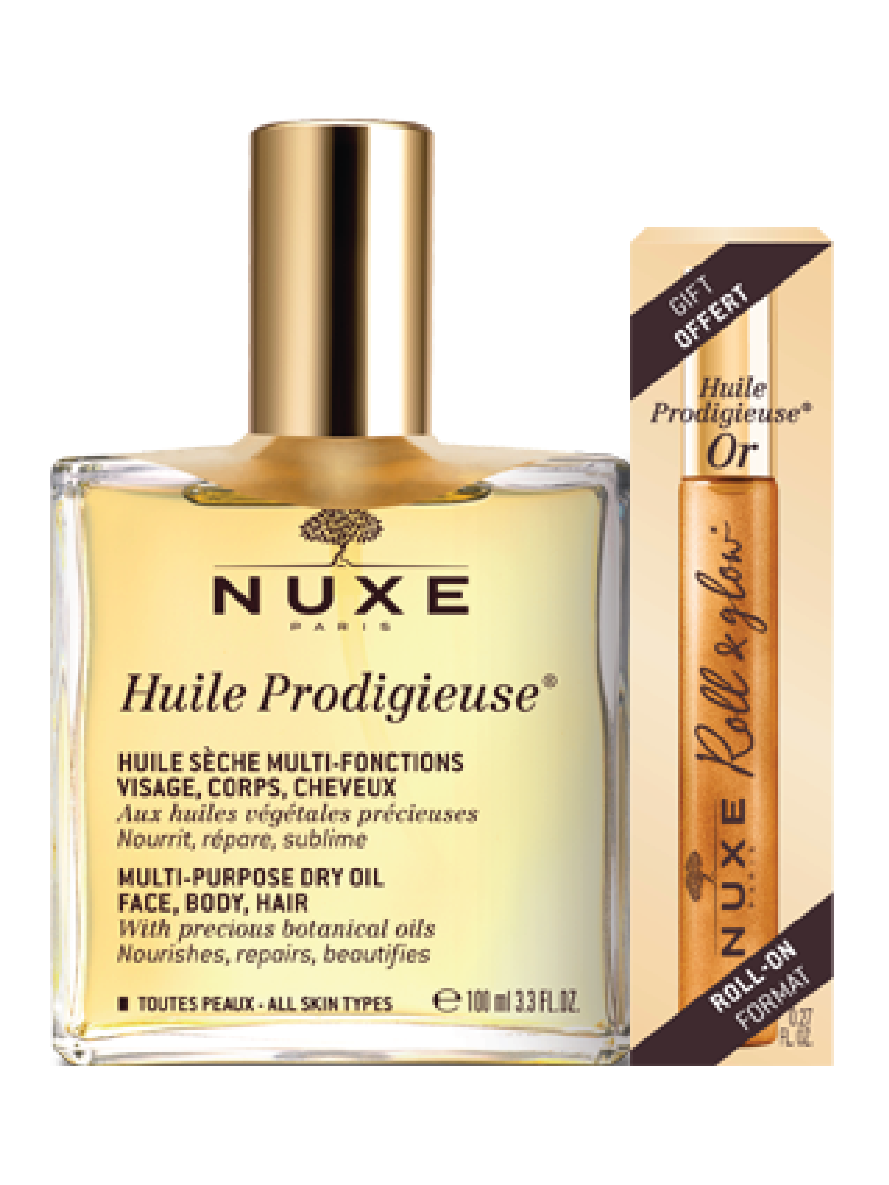 NUXE Huile Prodigieuse® Multi-Purpose Dry Oil Spray + Roll & Glow Shimmer Roll-On, 100 ml + 8 ml
