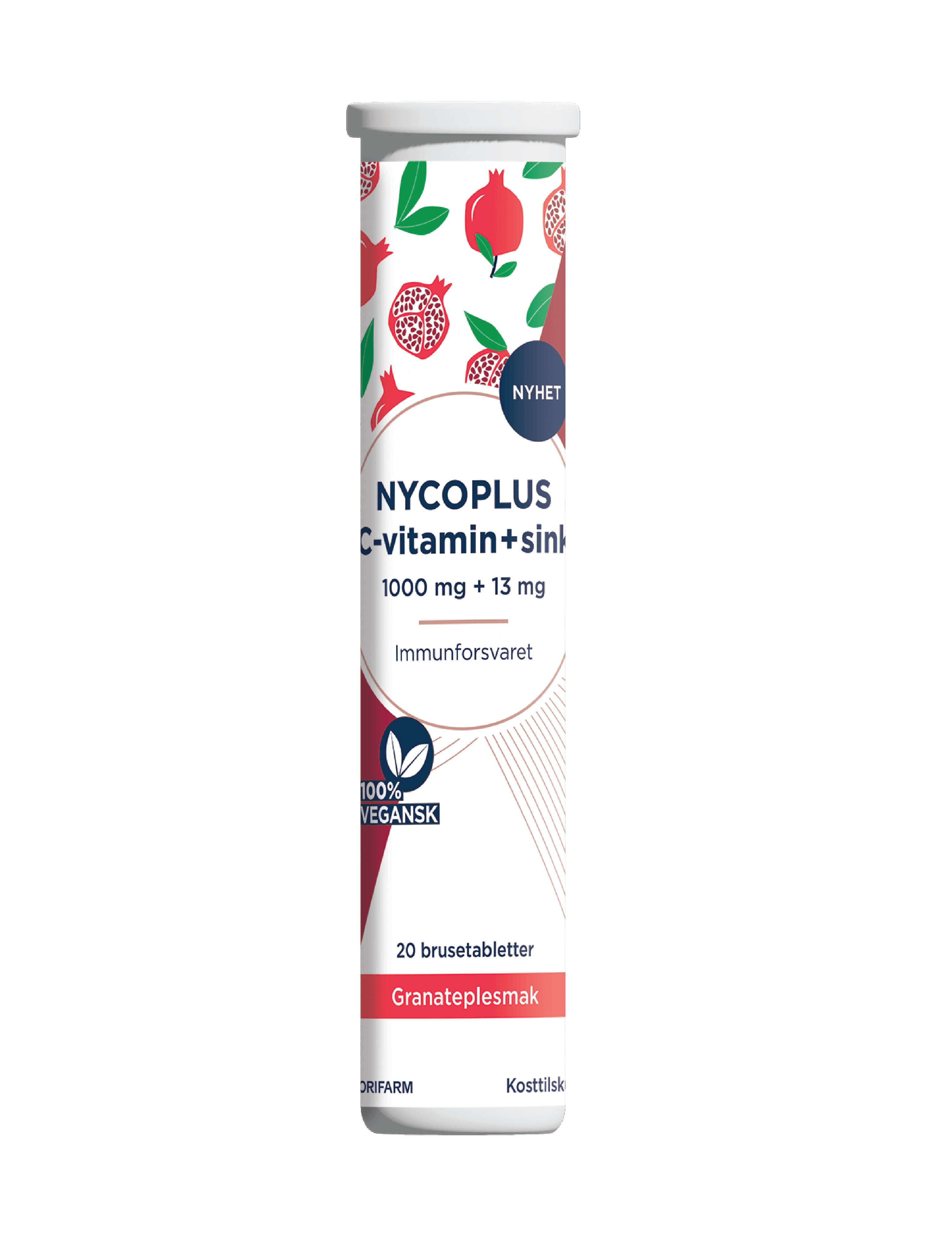 Nycoplus C-vitamin 1000 mg + sink 13 mg brusetabletter, Granateple, 20 stk.