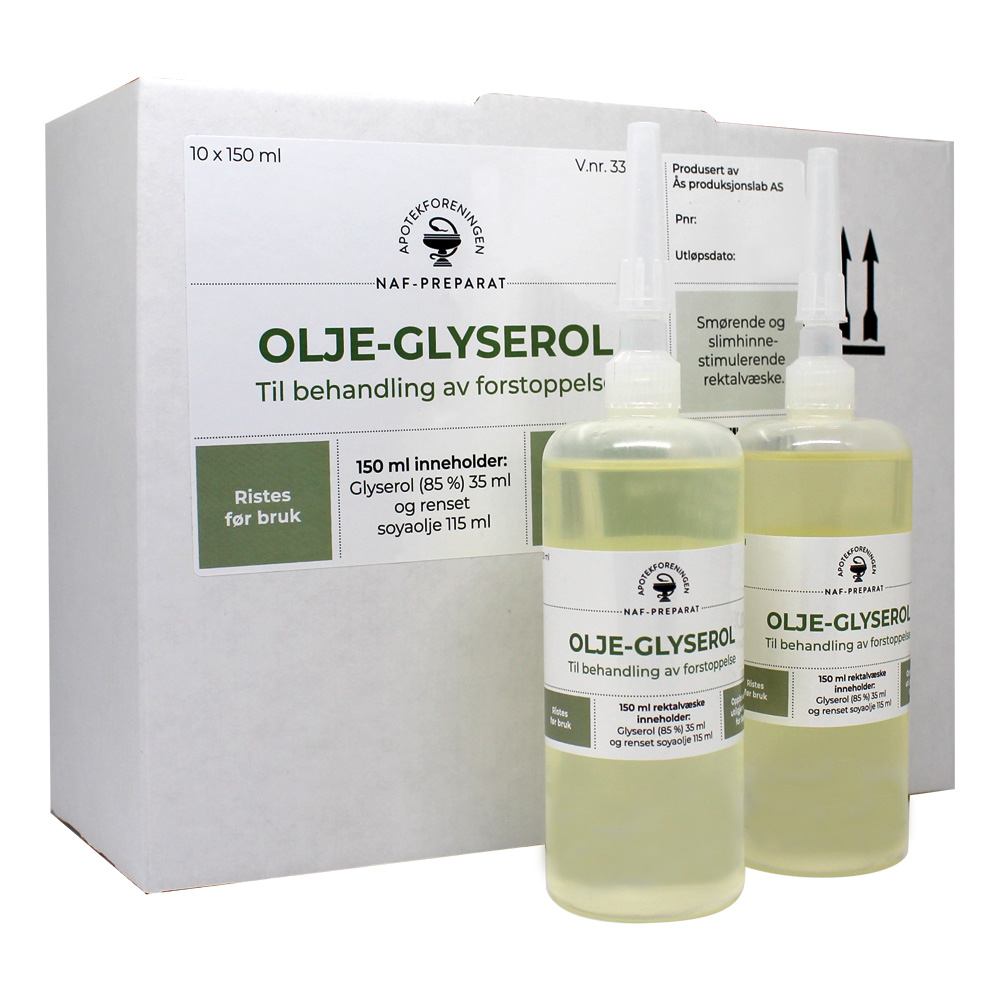 Olje-Glyserol NAF rektalvæske (klystèr), 10 x 150 ml.