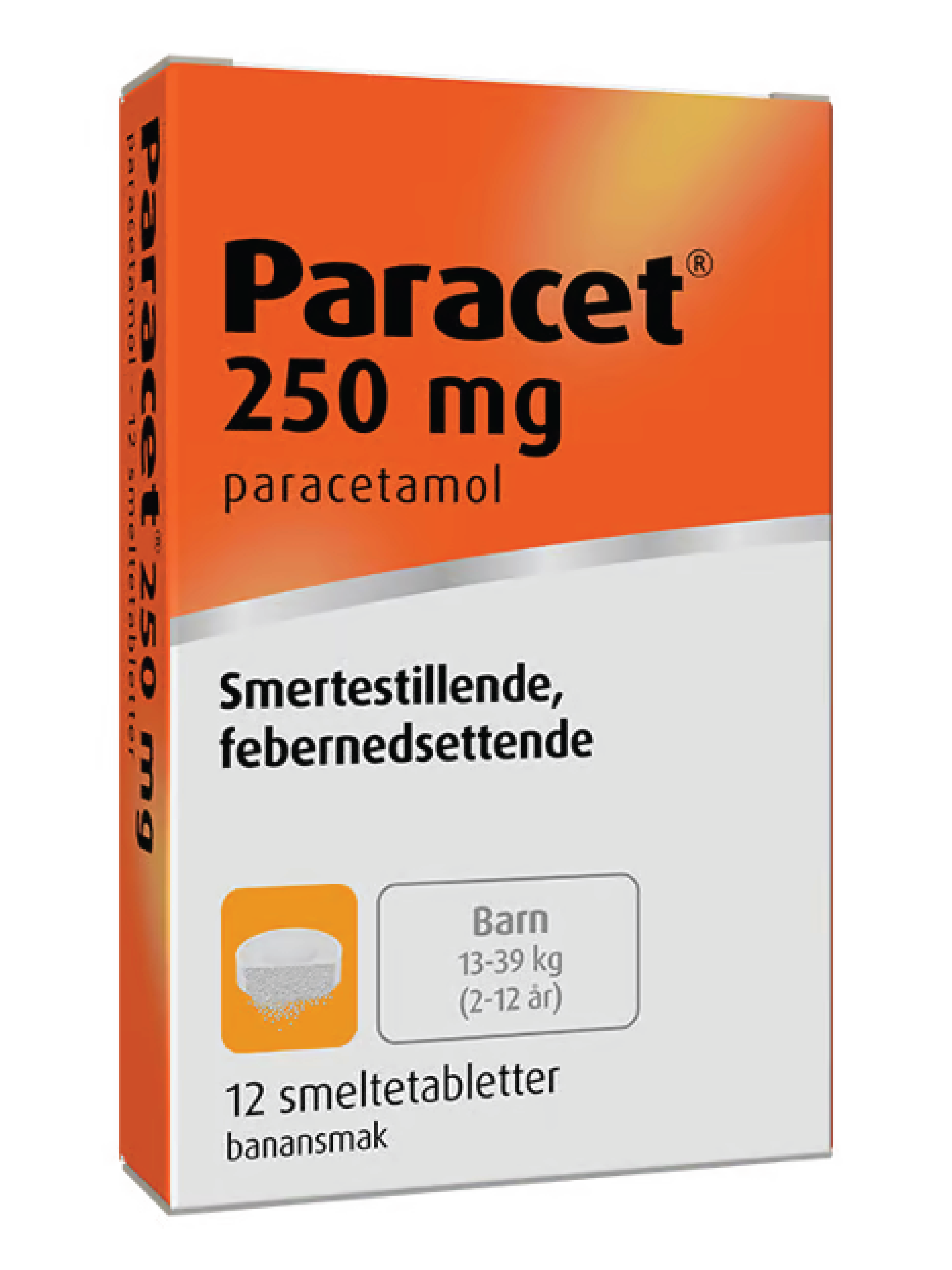 Paracet Smeltetabletter, 250 mg, 12 stk. på brett   1 1/2 -12 år