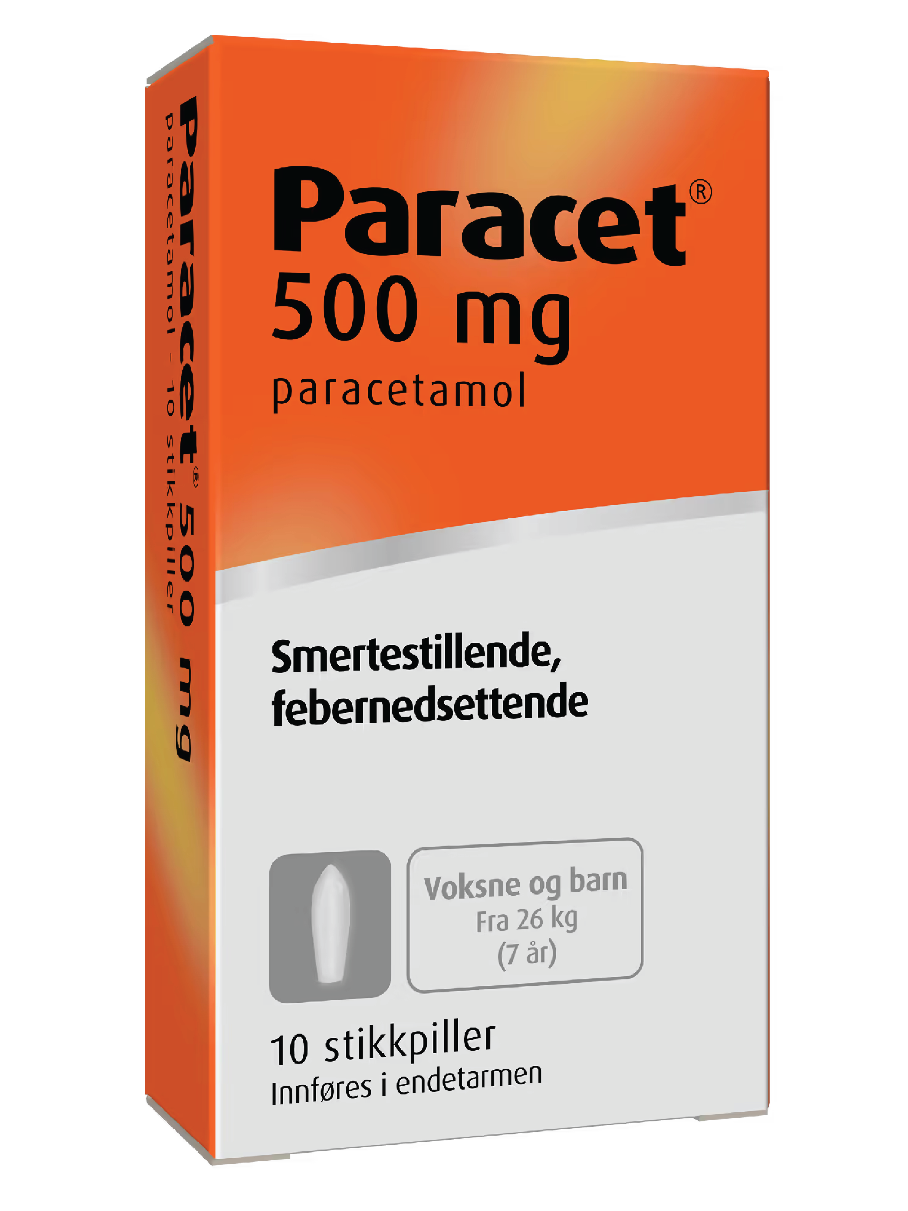 Paracet Stikkpiller, 500 mg, 10 stk., fra 9 år