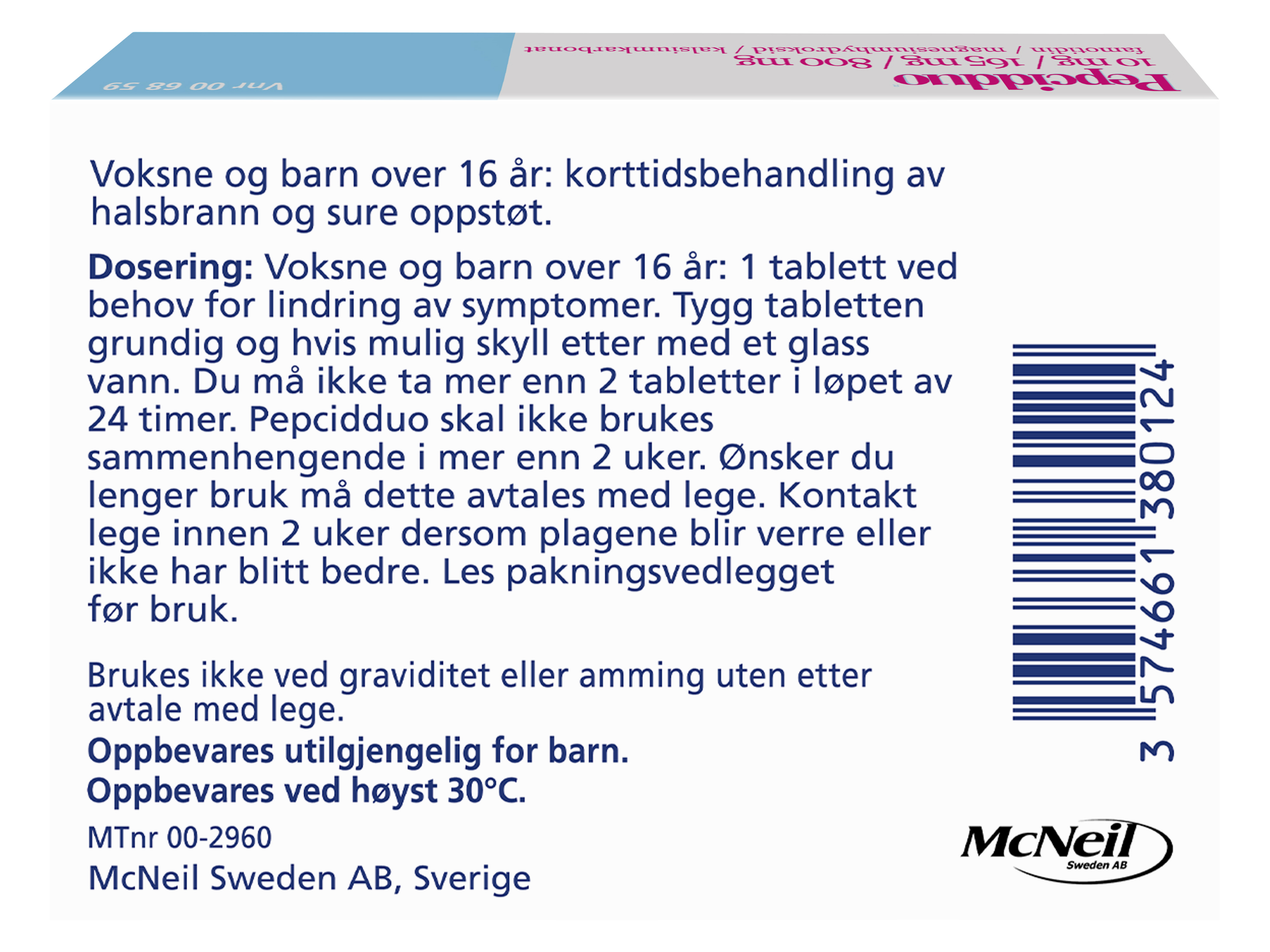 Pepcidduo Tyggetabletter 10/165/800mg, 12 stk.