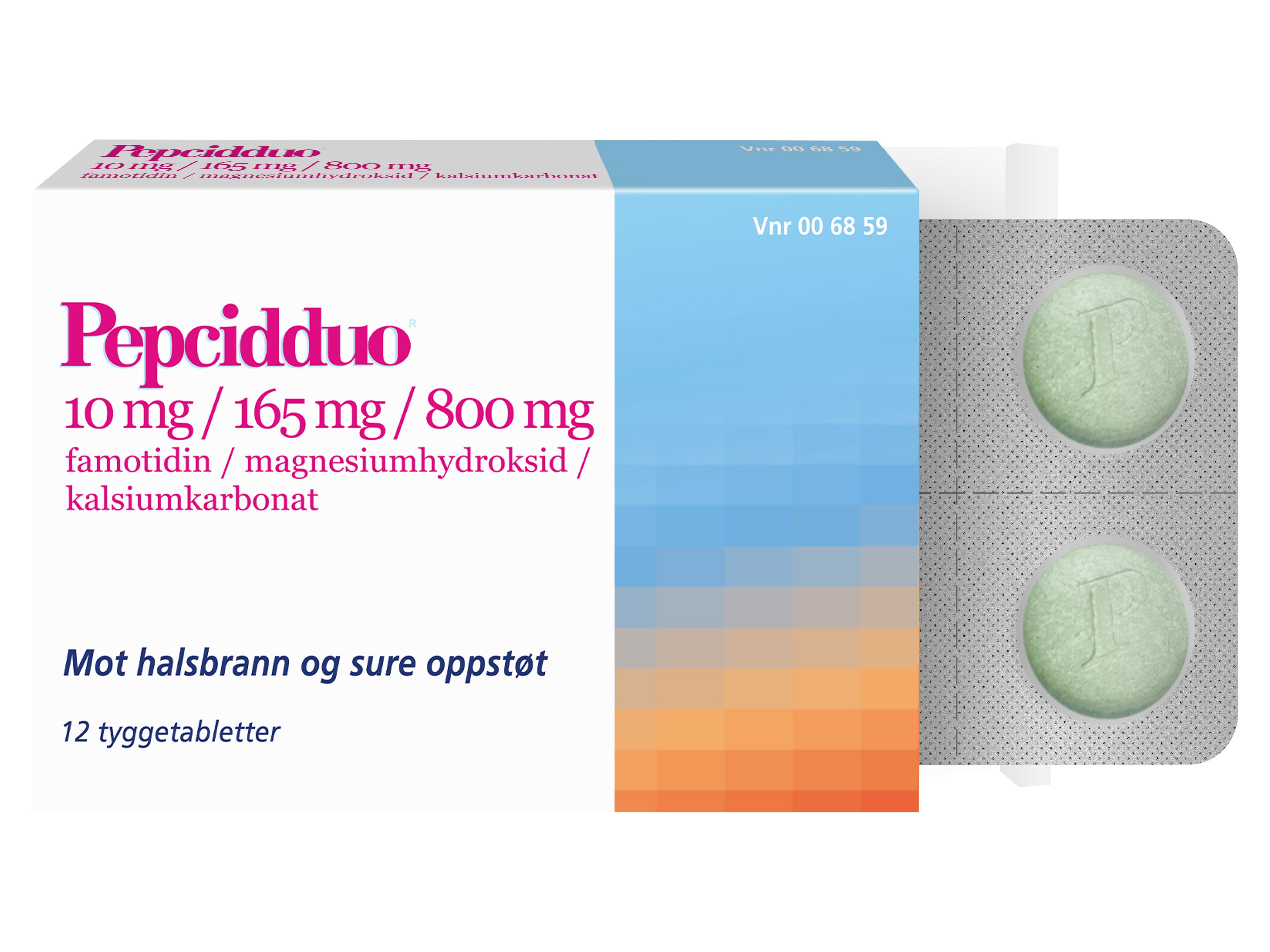 Pepcidduo Tyggetabletter 10/165/800mg, 12 stk.