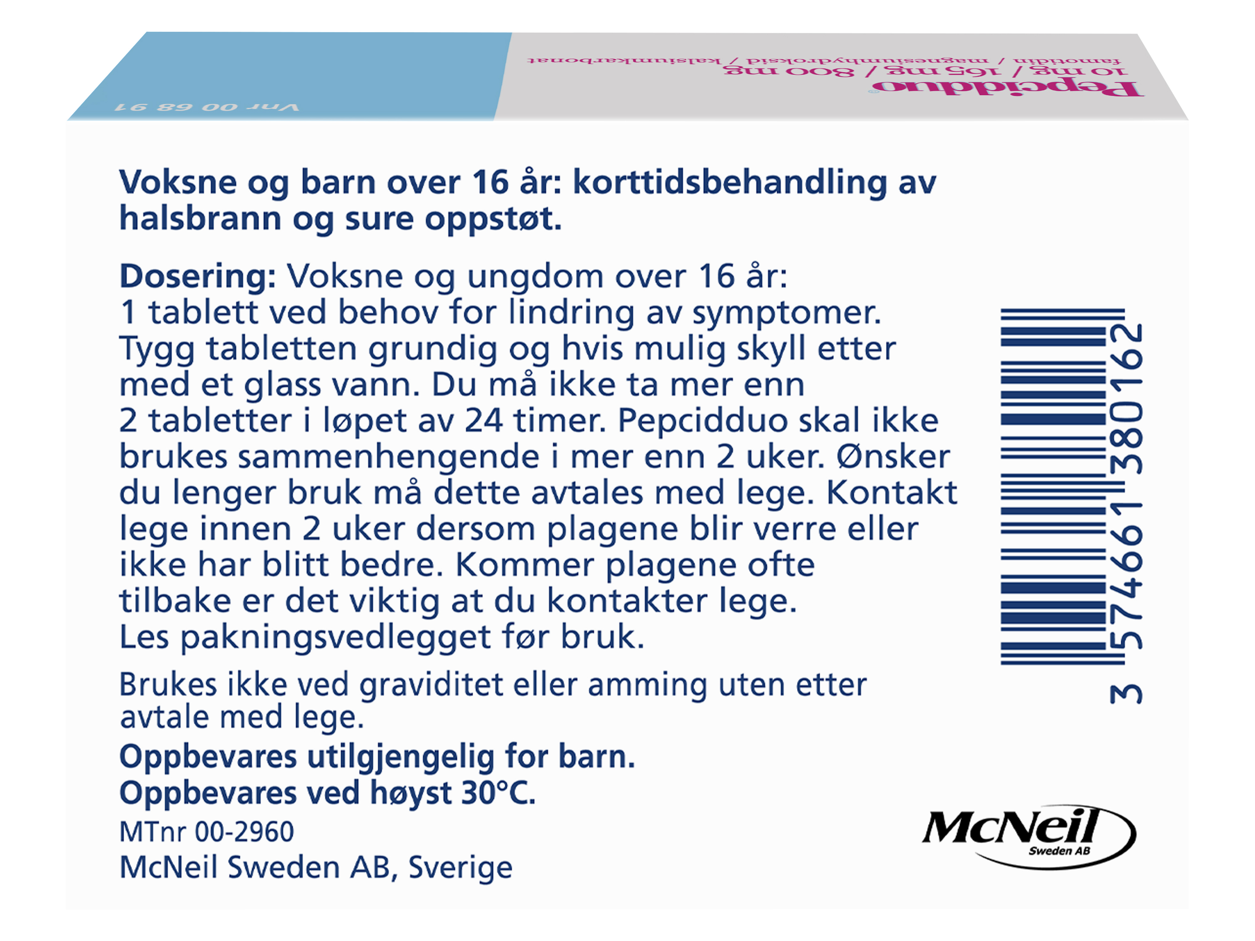 Pepcidduo Tyggetabletter 10/165/800mg, 24 stk.