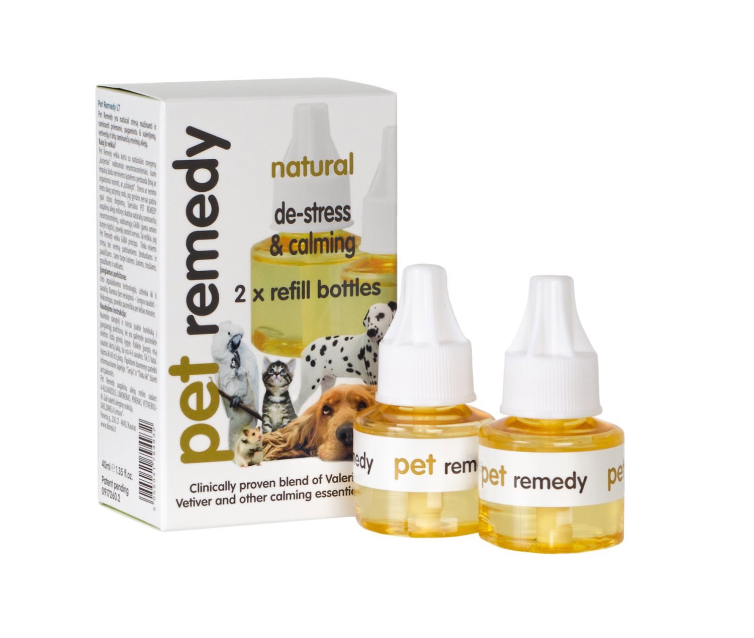 Pet Remedy de-stress & calming refill, Refill til plug-inn, beroligende middel til hund, katt og fugl, 2 x 40 ml