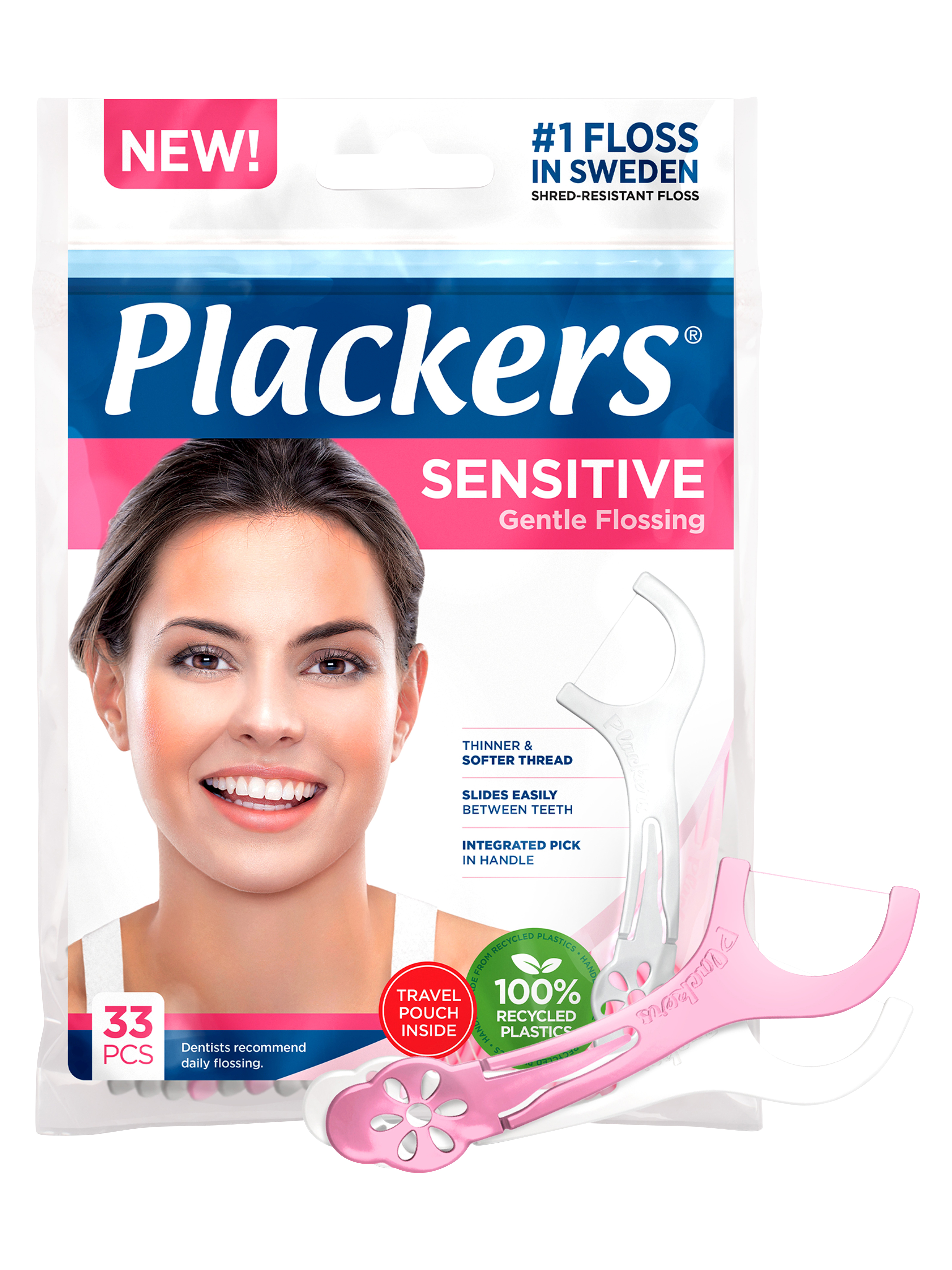 Plackers Sensitive tanntrådbøyle med tannstikke, 33 stk