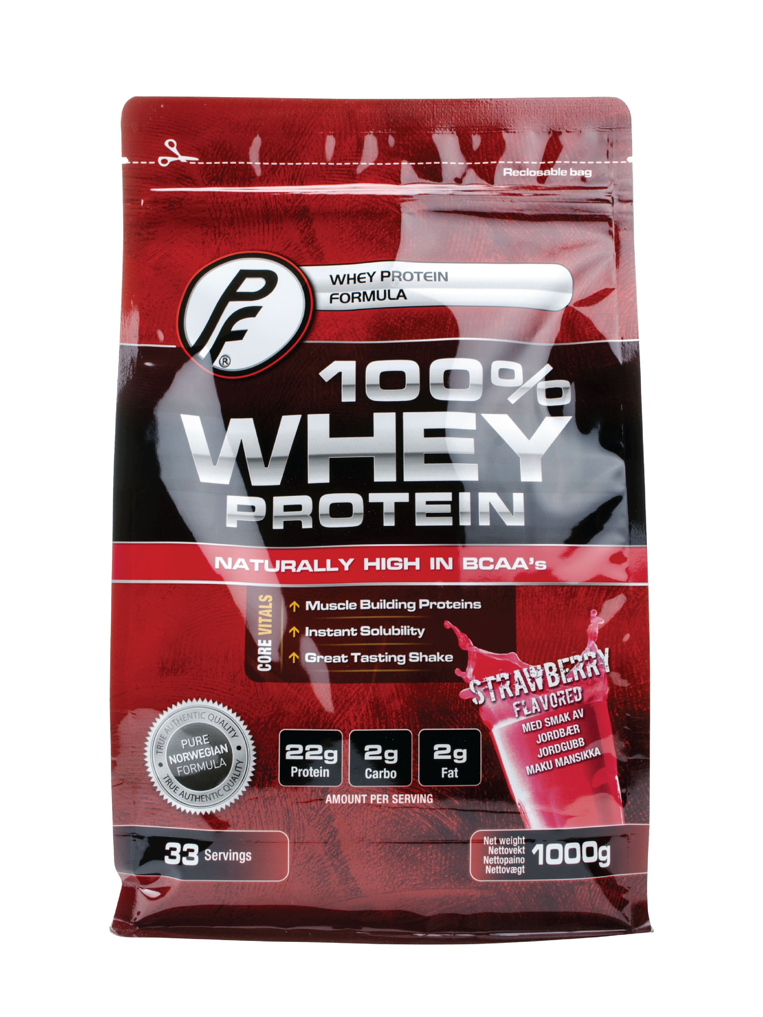 Proteinfabrikken 100 % Whey Proteinpulver, Jordbær, 1 kg