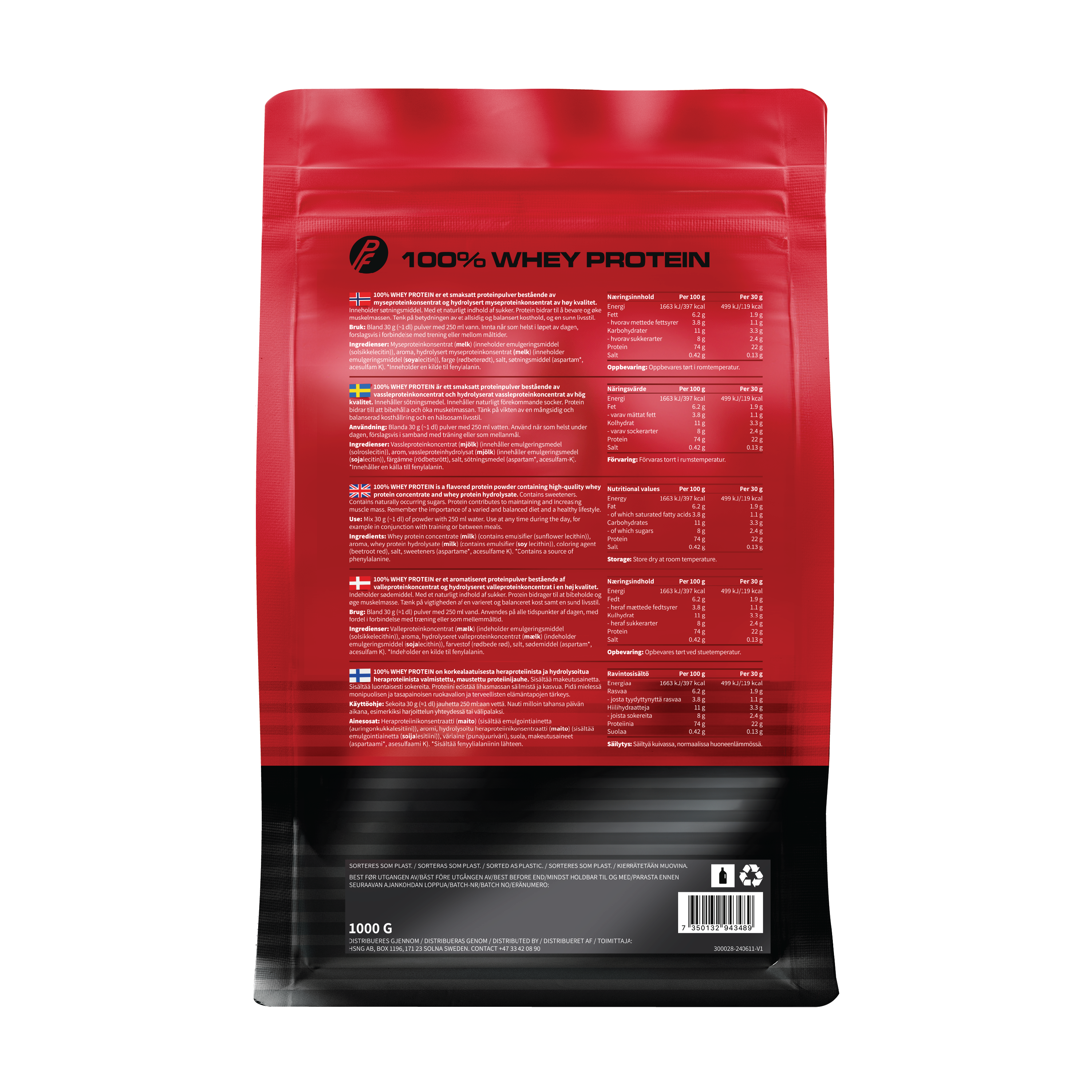 Proteinfabrikken 100 % Whey Proteinpulver, Jordbær, 1 kg