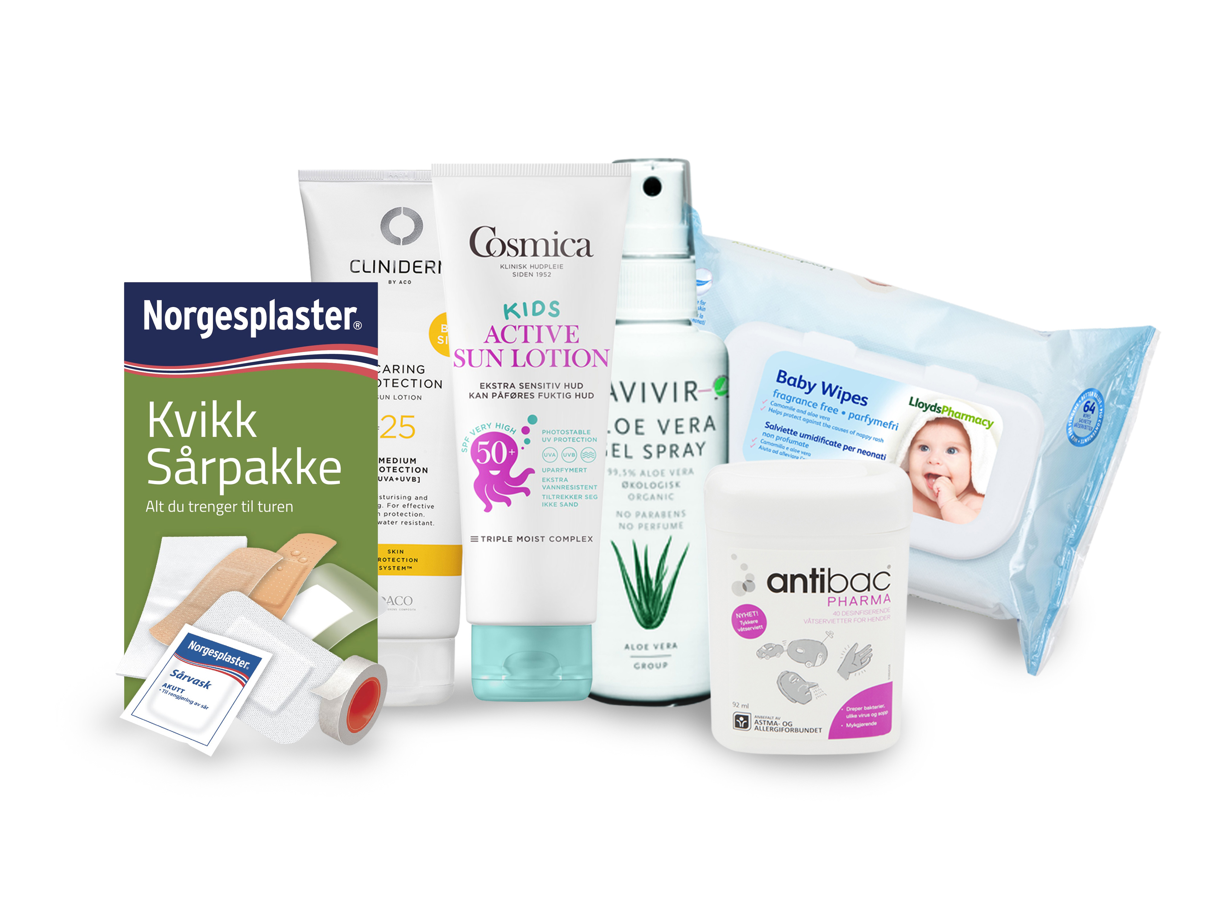 Sommerpakke til baby og barn, Solkrem, Aloe Vera, Antibac, Wipes, Plaster, ID-Bånd