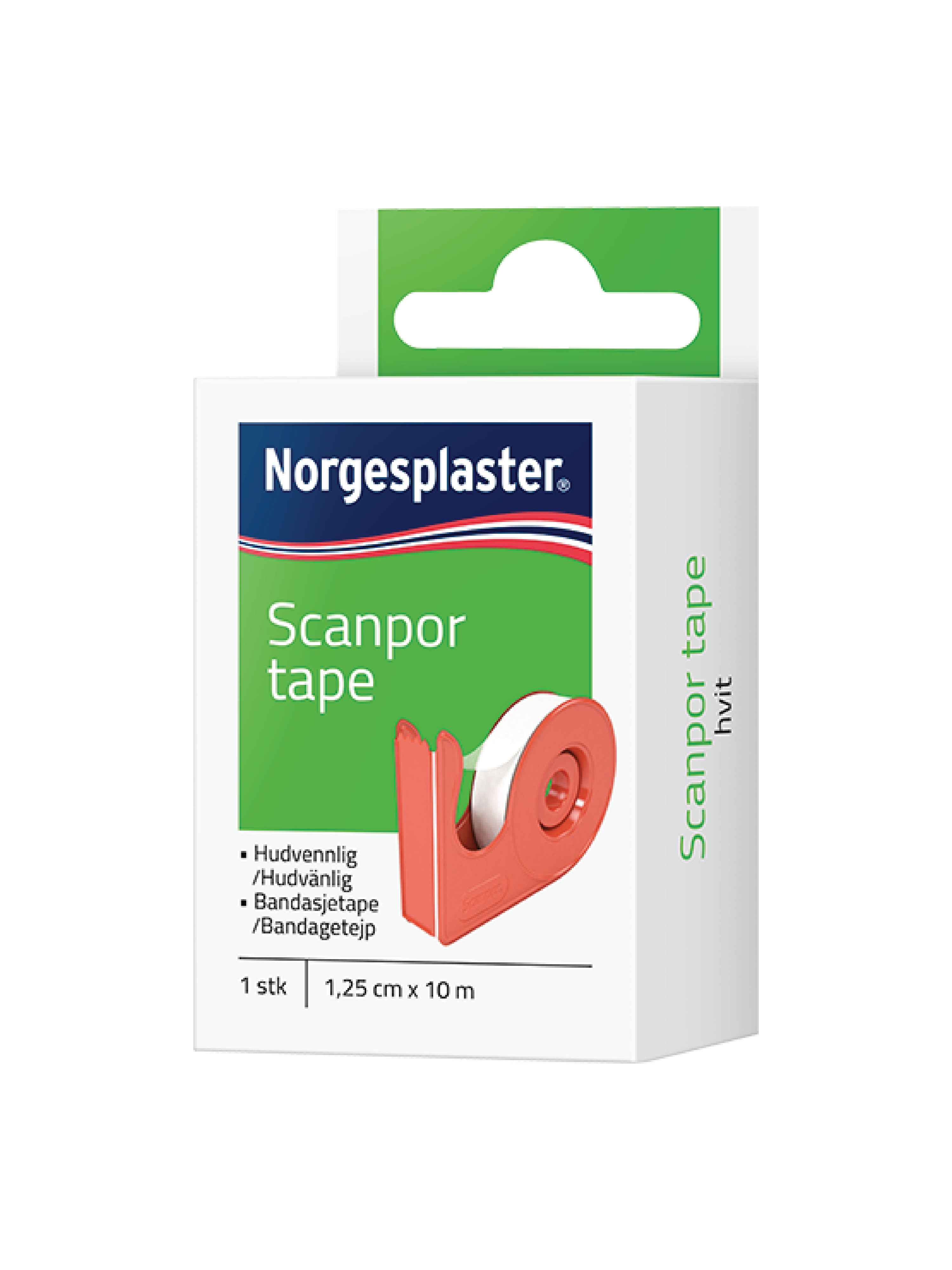 Norgesplaster Scanpor tape hvit med dispenser, 1,25cm x 10m, 1 stk.