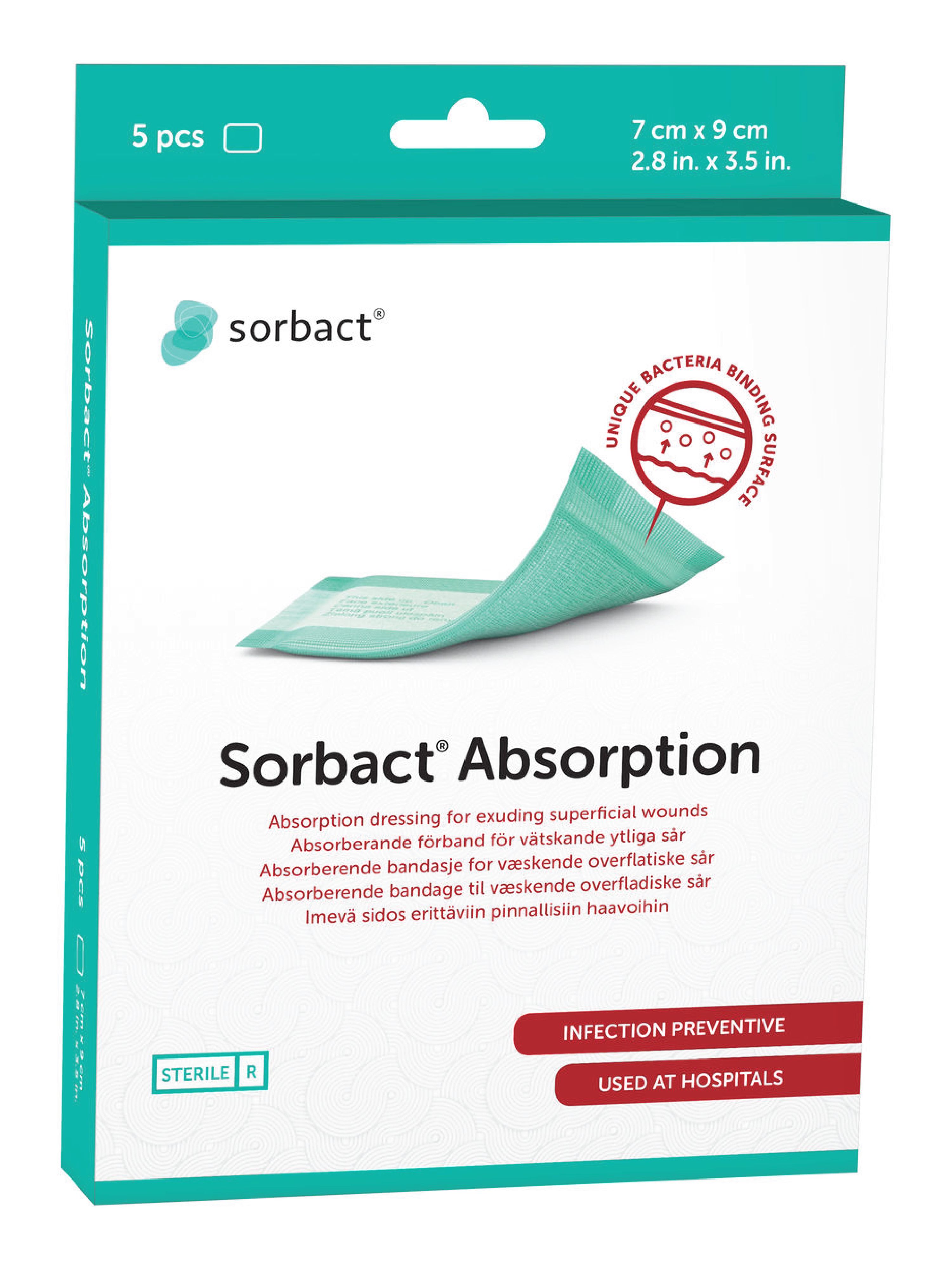 Sorbact Absorption Bandasje, 7x9 cm, 5 stk.